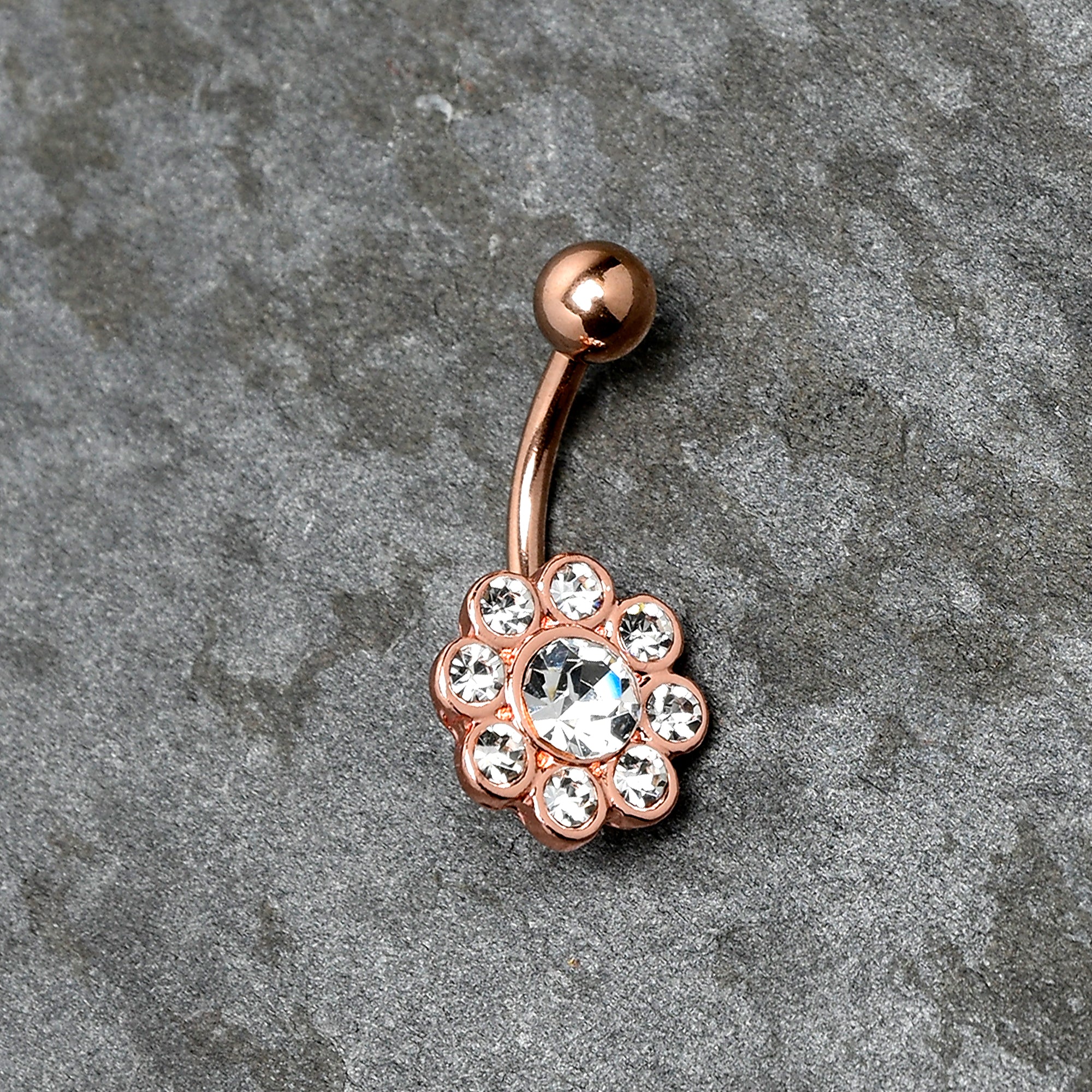 Clear Gem Rose Gold Tone Whimsy Flower Belly Ring