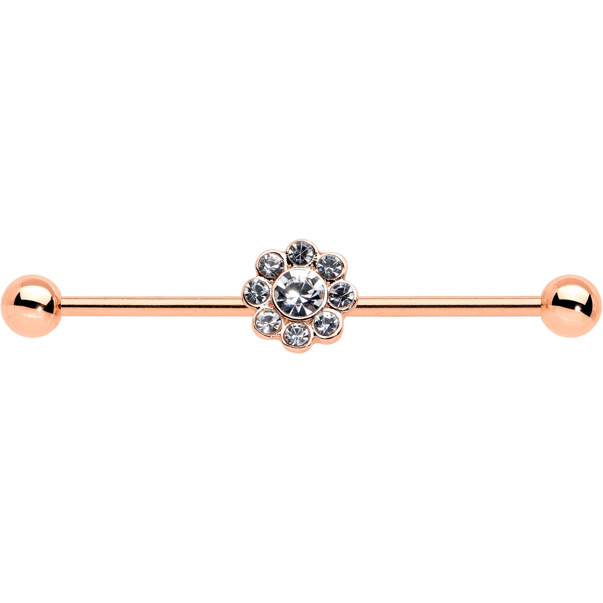 14 Gauge Clear Gem Rose Gold Hue Whimsy Flower Industrial Barbell 38mm