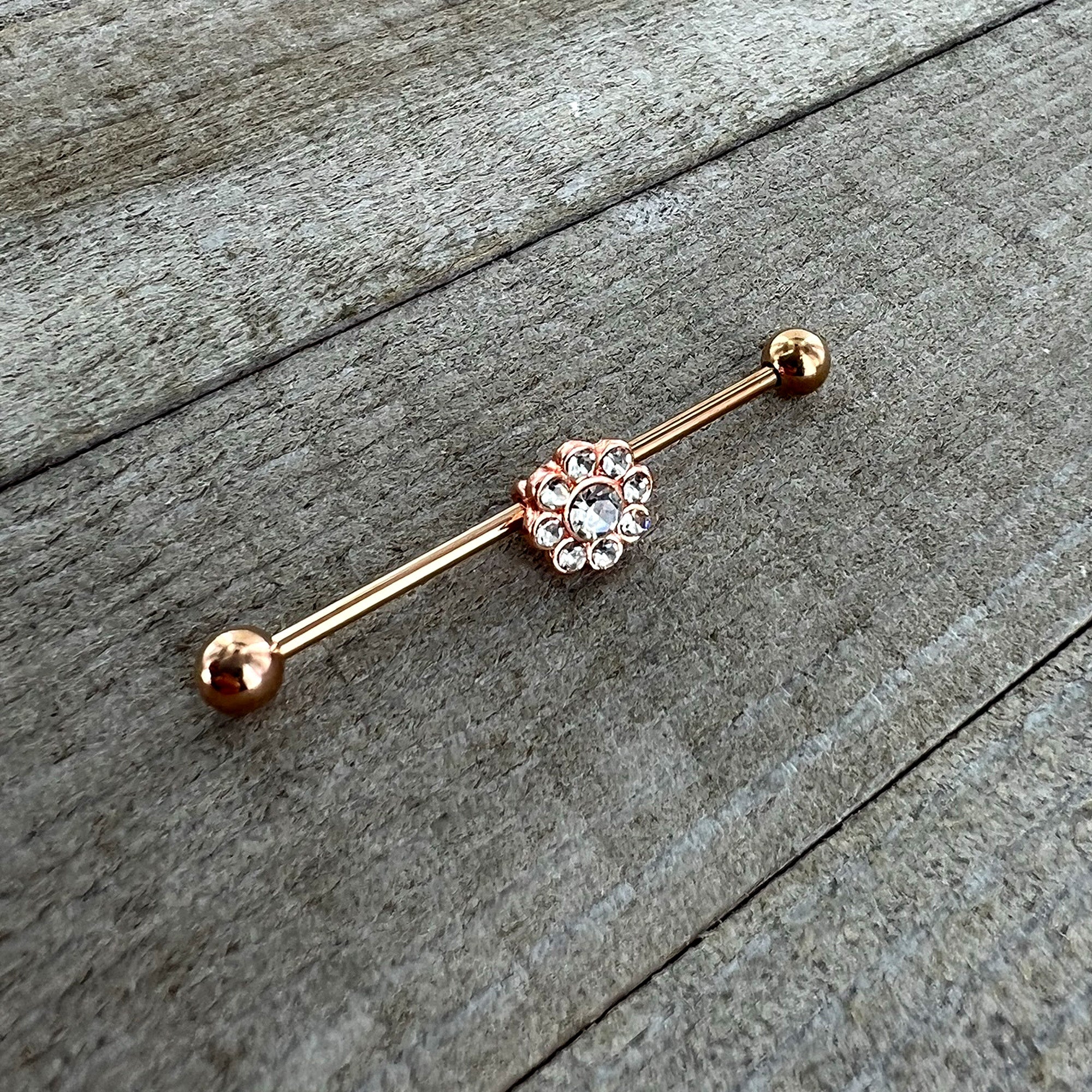 14 Gauge Clear Gem Rose Gold Hue Whimsy Flower Industrial Barbell 38mm