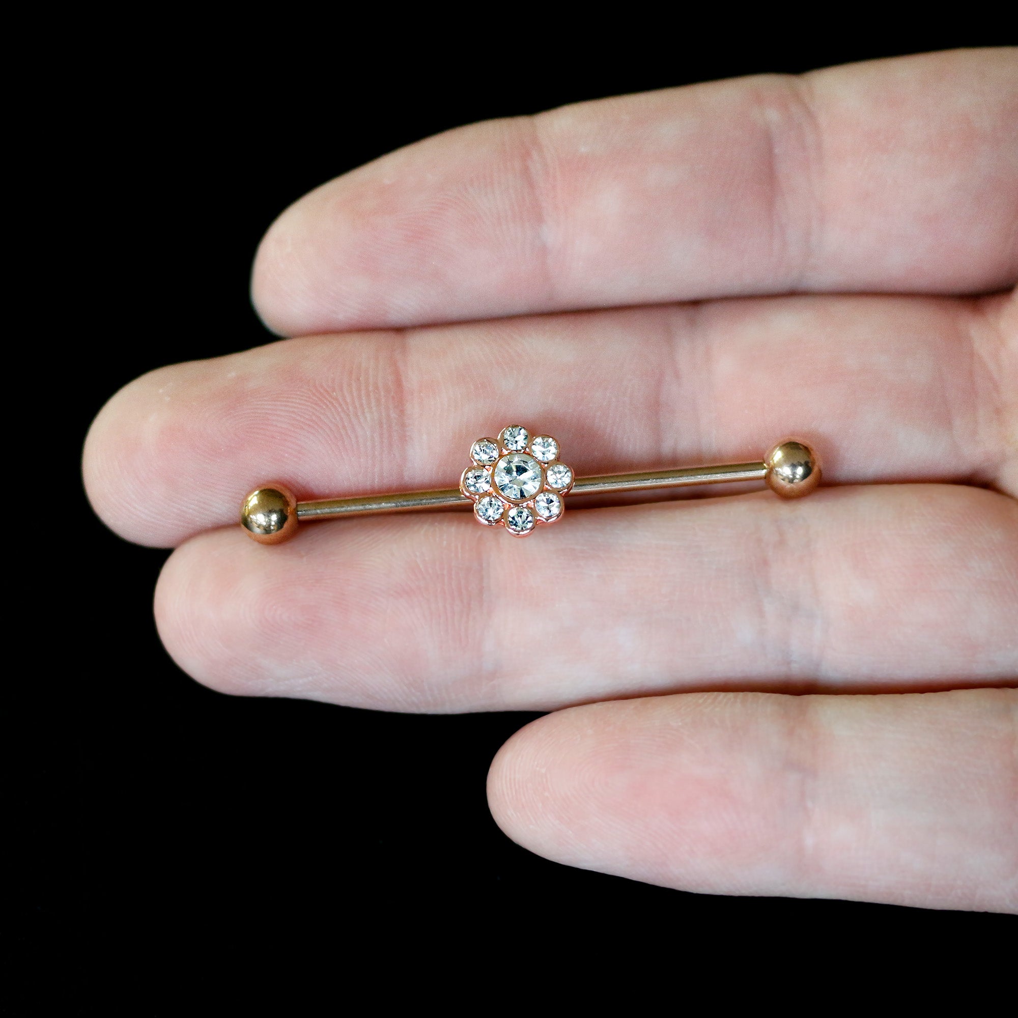 14 Gauge Clear Gem Rose Gold Hue Whimsy Flower Industrial Barbell 38mm