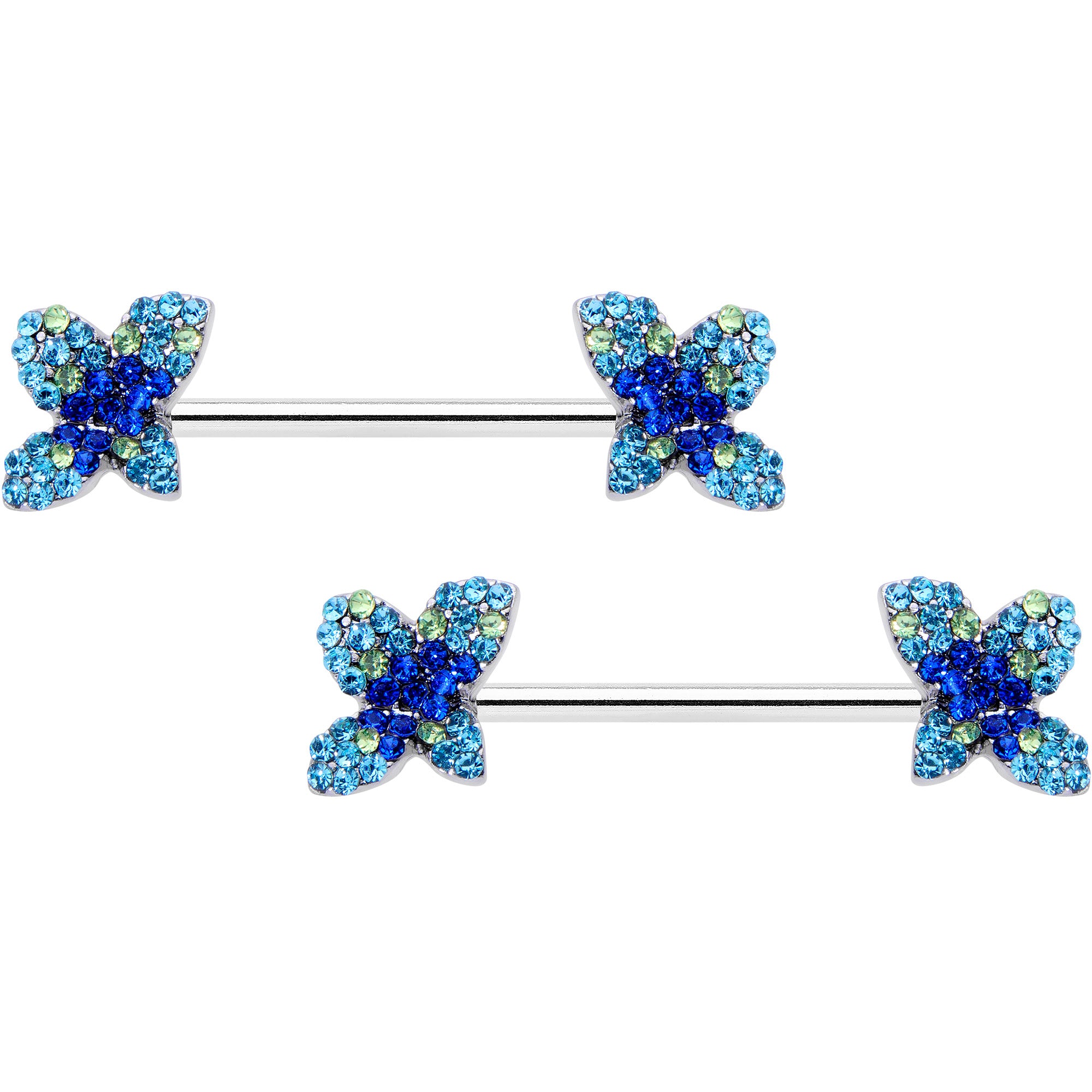 14 Gauge 9/16 Blue Gem Glamour Butterfly Barbell Nipple Ring Set