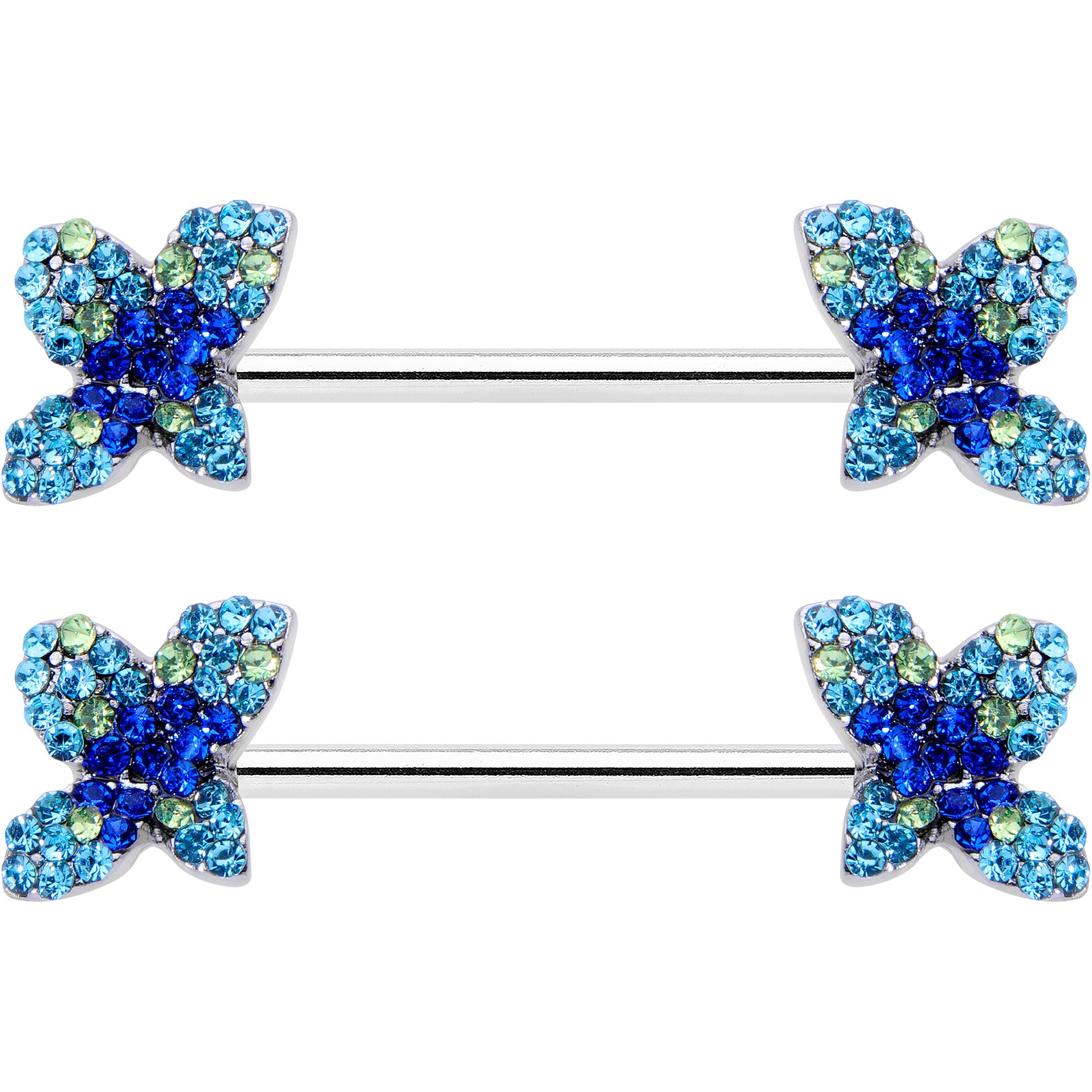 14 Gauge 9/16 Blue Gem Glamour Butterfly Barbell Nipple Ring Set