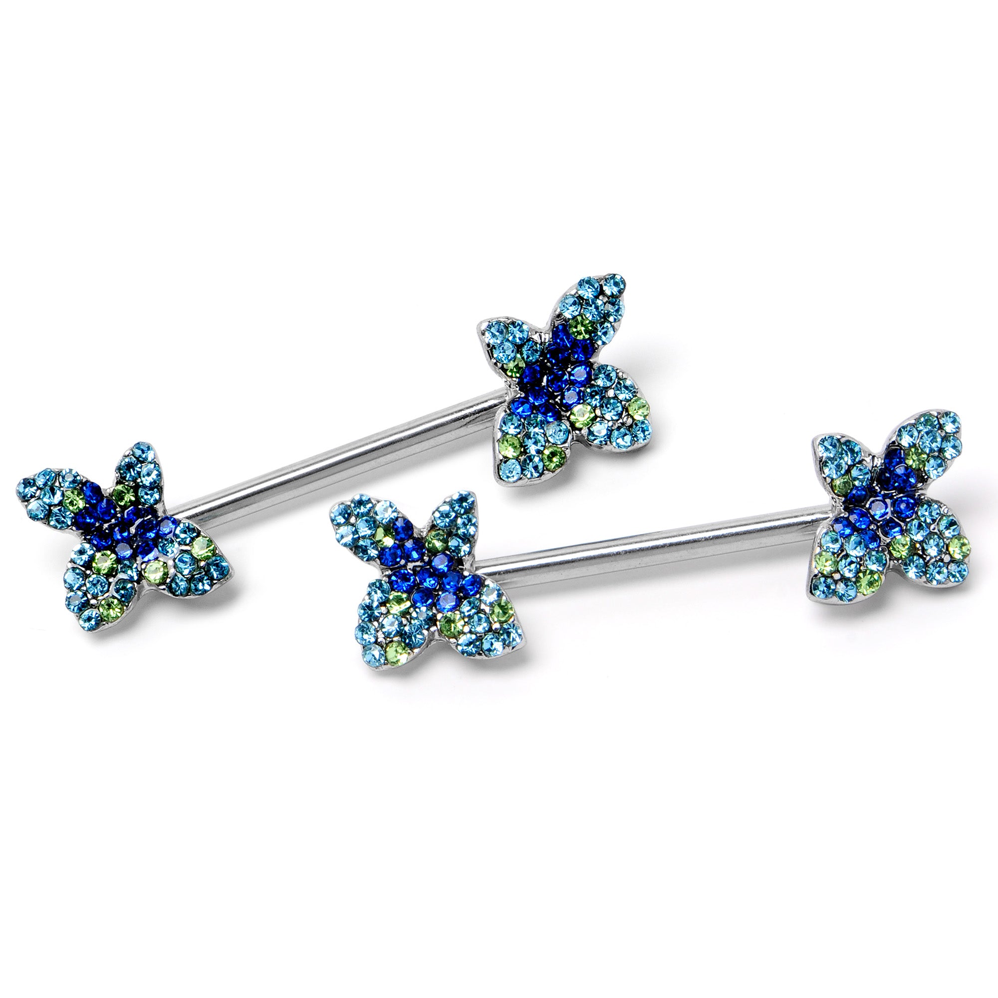 14 Gauge 9/16 Blue Gem Glamour Butterfly Barbell Nipple Ring Set