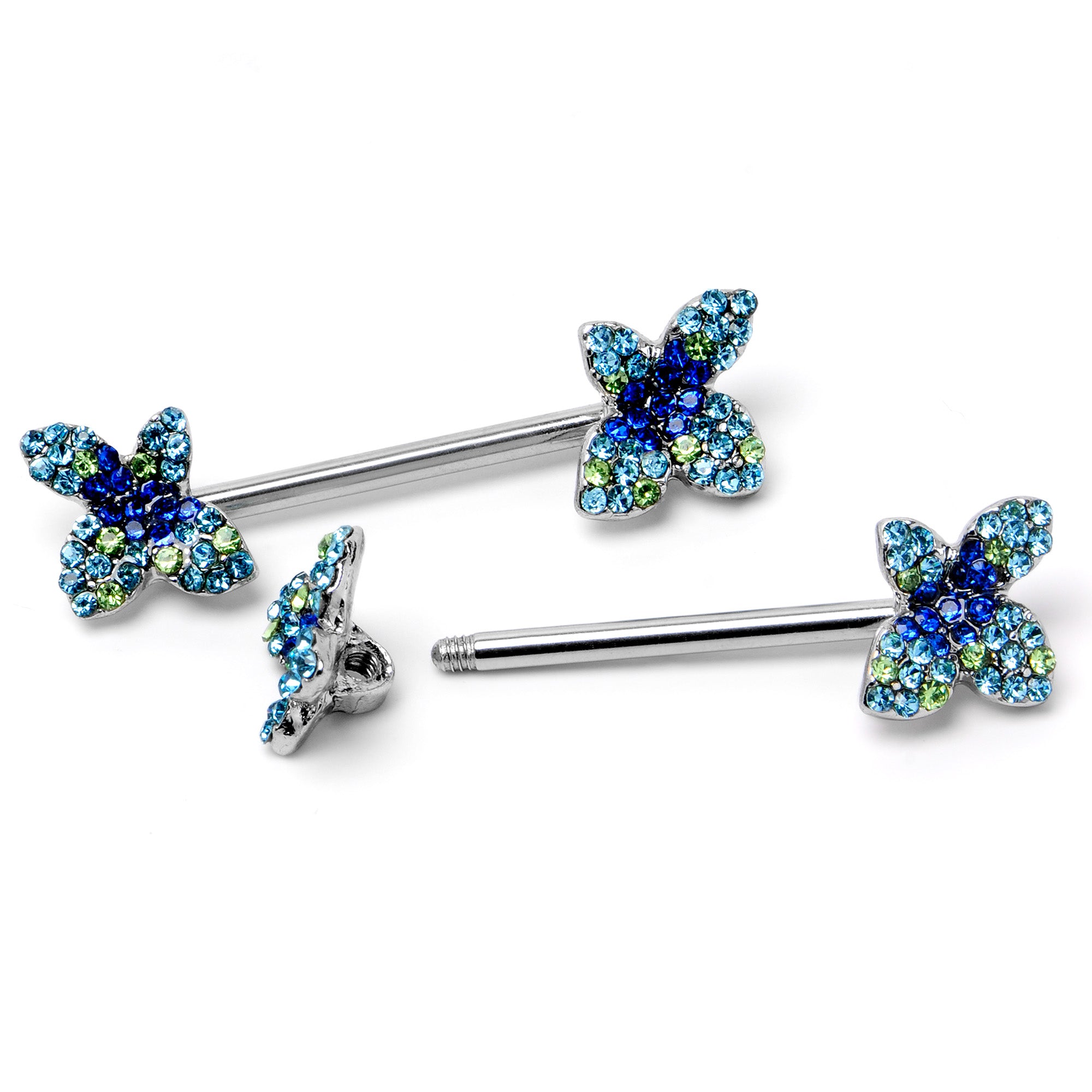 14 Gauge 9/16 Blue Gem Glamour Butterfly Barbell Nipple Ring Set