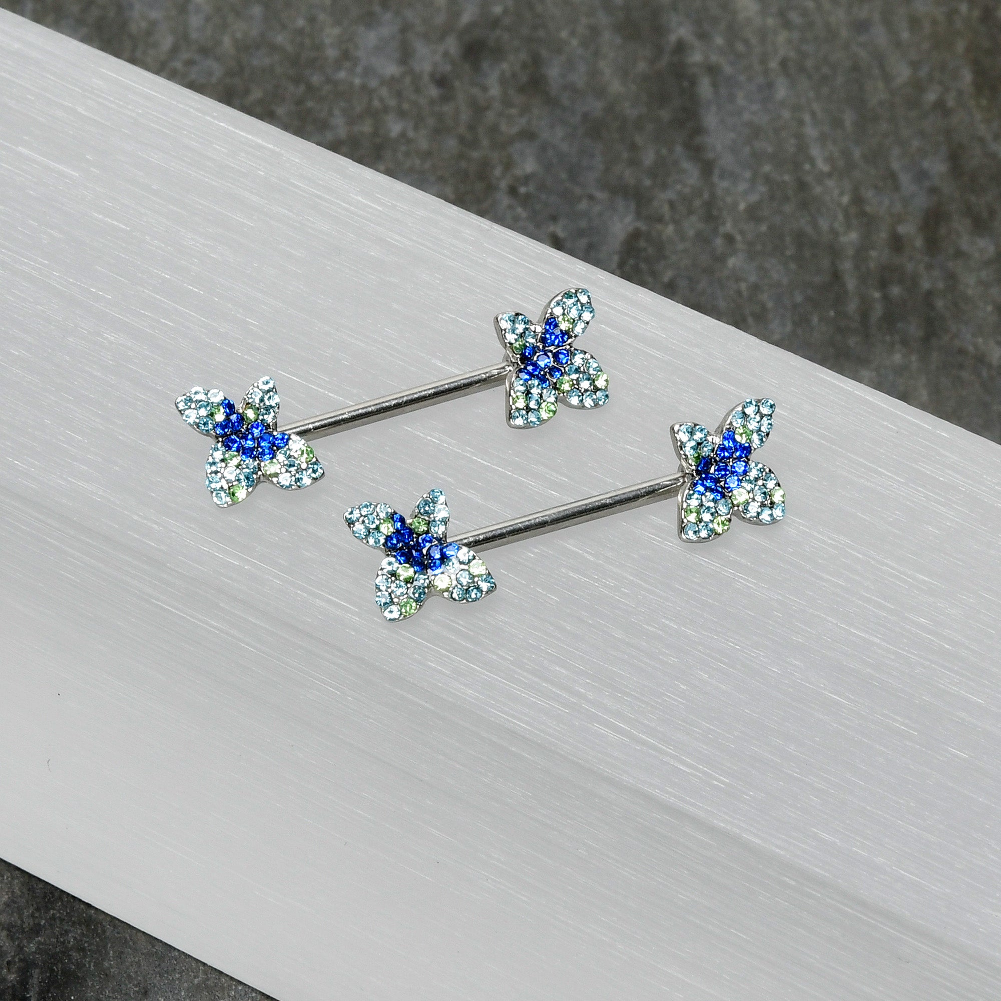 14 Gauge 9/16 Blue Gem Glamour Butterfly Barbell Nipple Ring Set