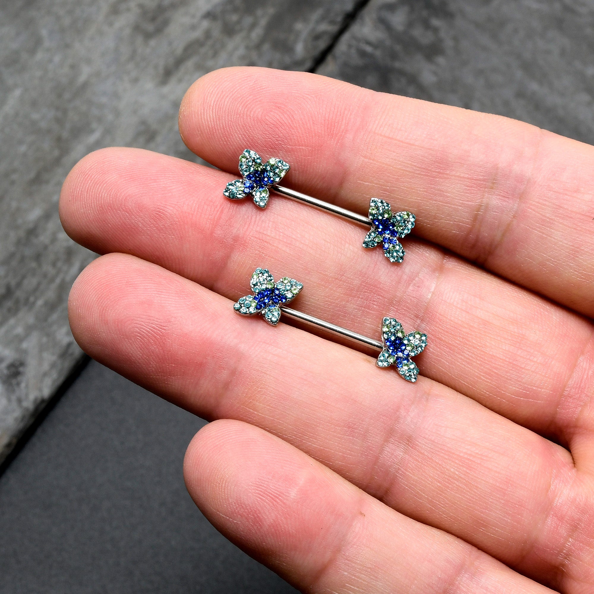 14 Gauge 9/16 Blue Gem Glamour Butterfly Barbell Nipple Ring Set