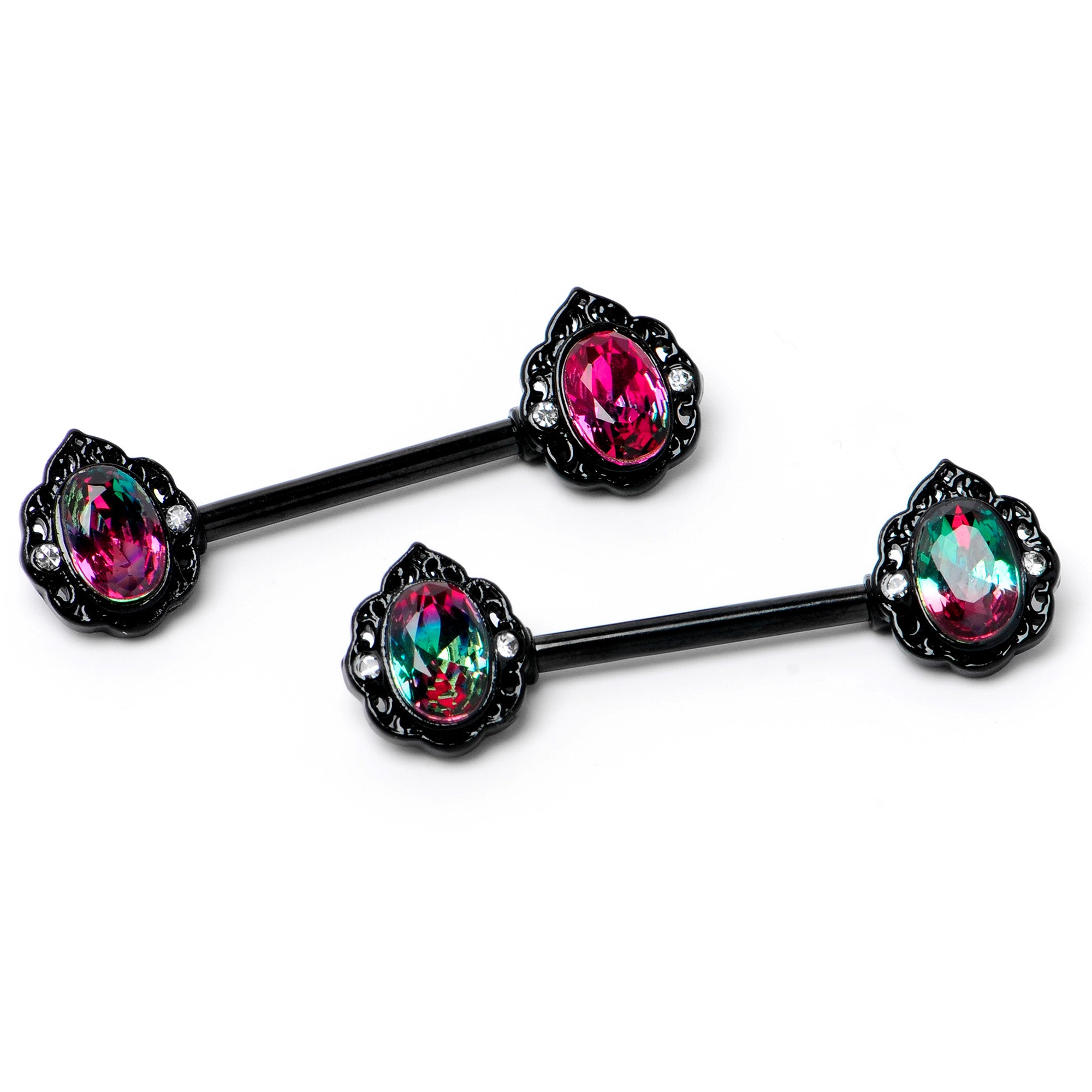 14 Gauge 9/16 Purple Tourmaline Black Lacy Drop Barbell Nipple Ring Set