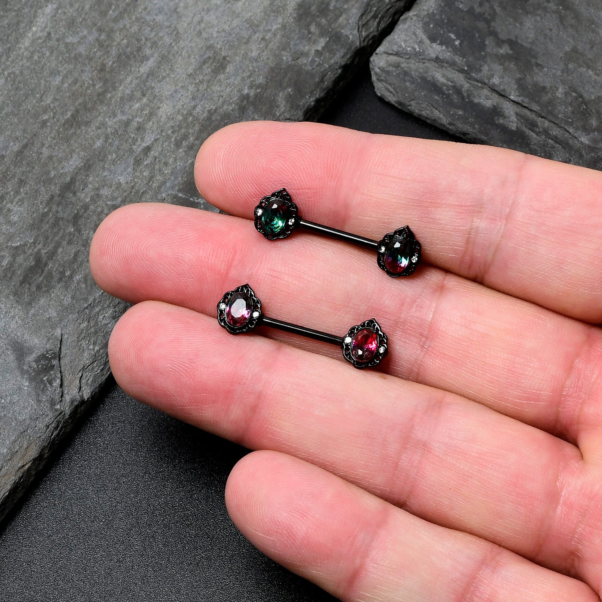 14 Gauge 9/16 Purple Tourmaline Black Lacy Drop Barbell Nipple Ring Set