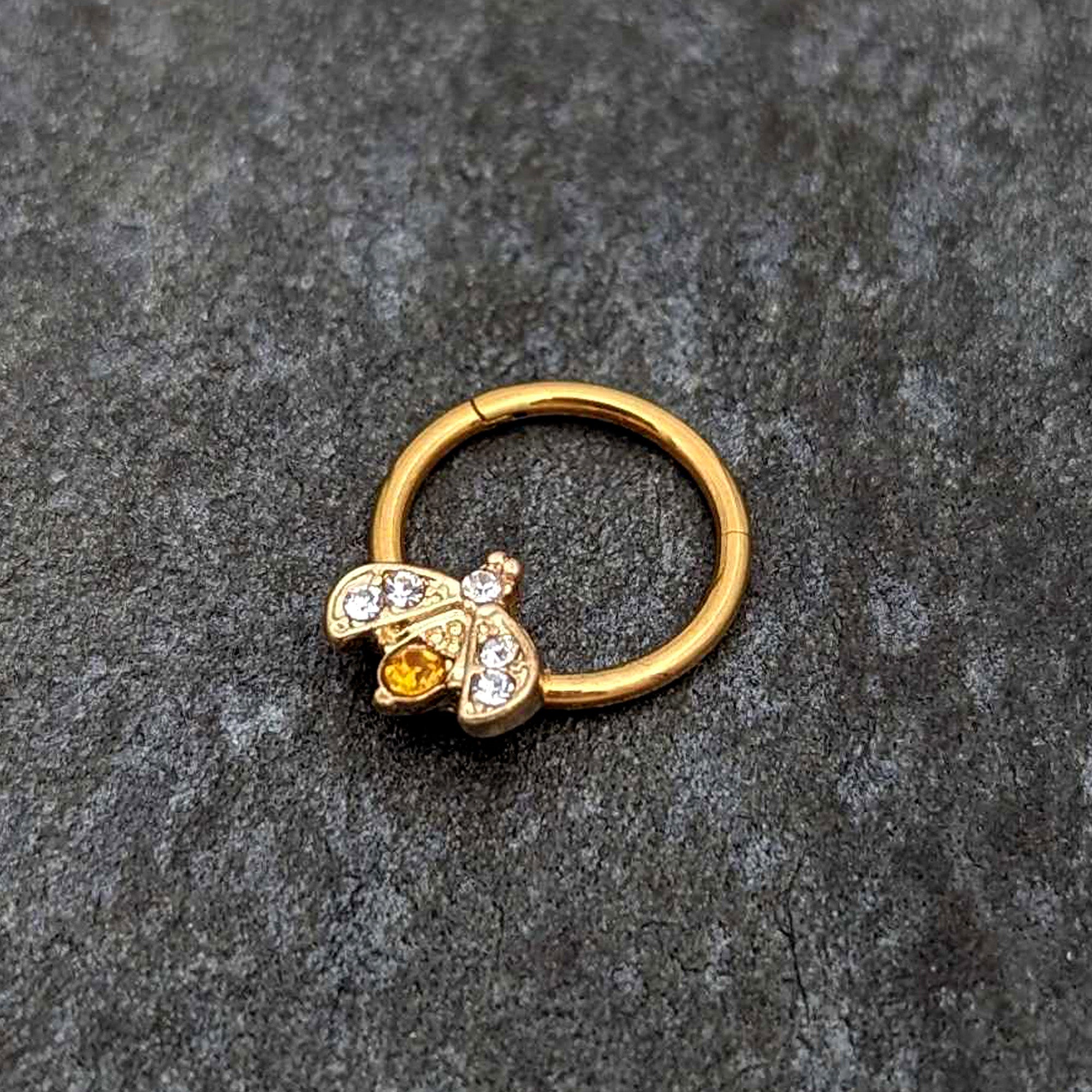 16 Gauge 3/8 Yellow Gem Gold Tone Fashion Winged Bug Hinged Segment Ring