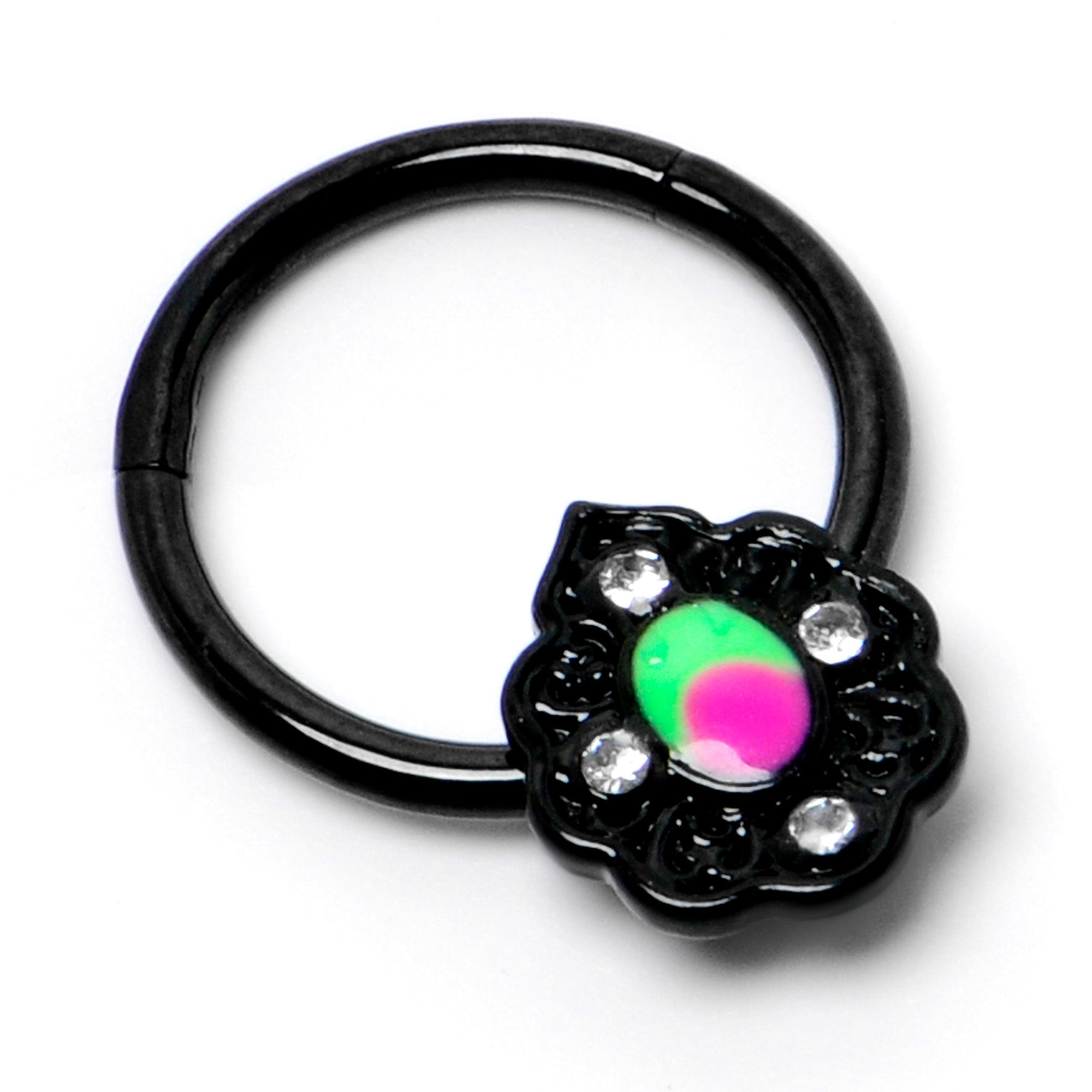 16 Gauge 3/8 Purple Tourmaline Black Lacy Drop Hinged Segment Ring