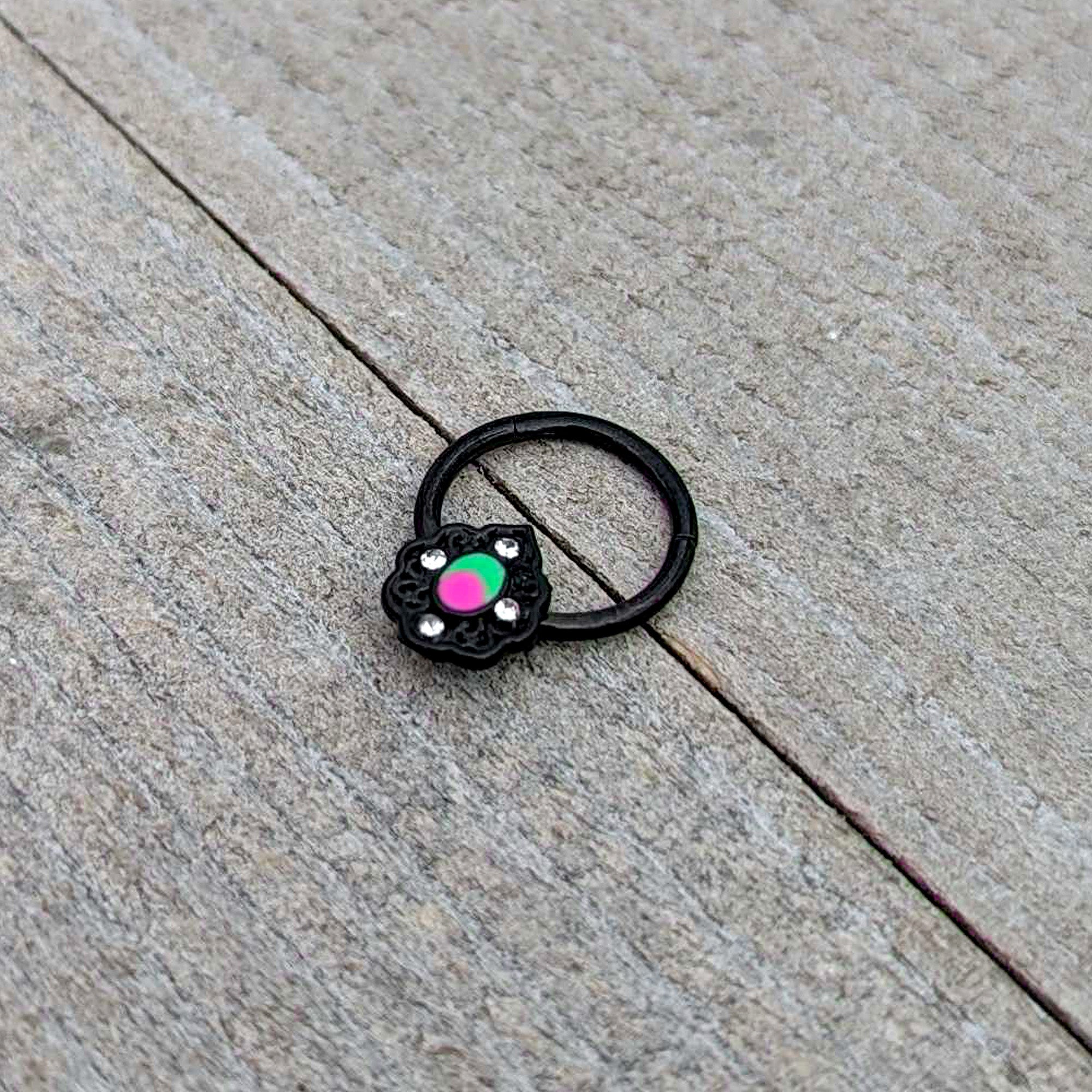 16 Gauge 3/8 Purple Tourmaline Black Lacy Drop Hinged Segment Ring