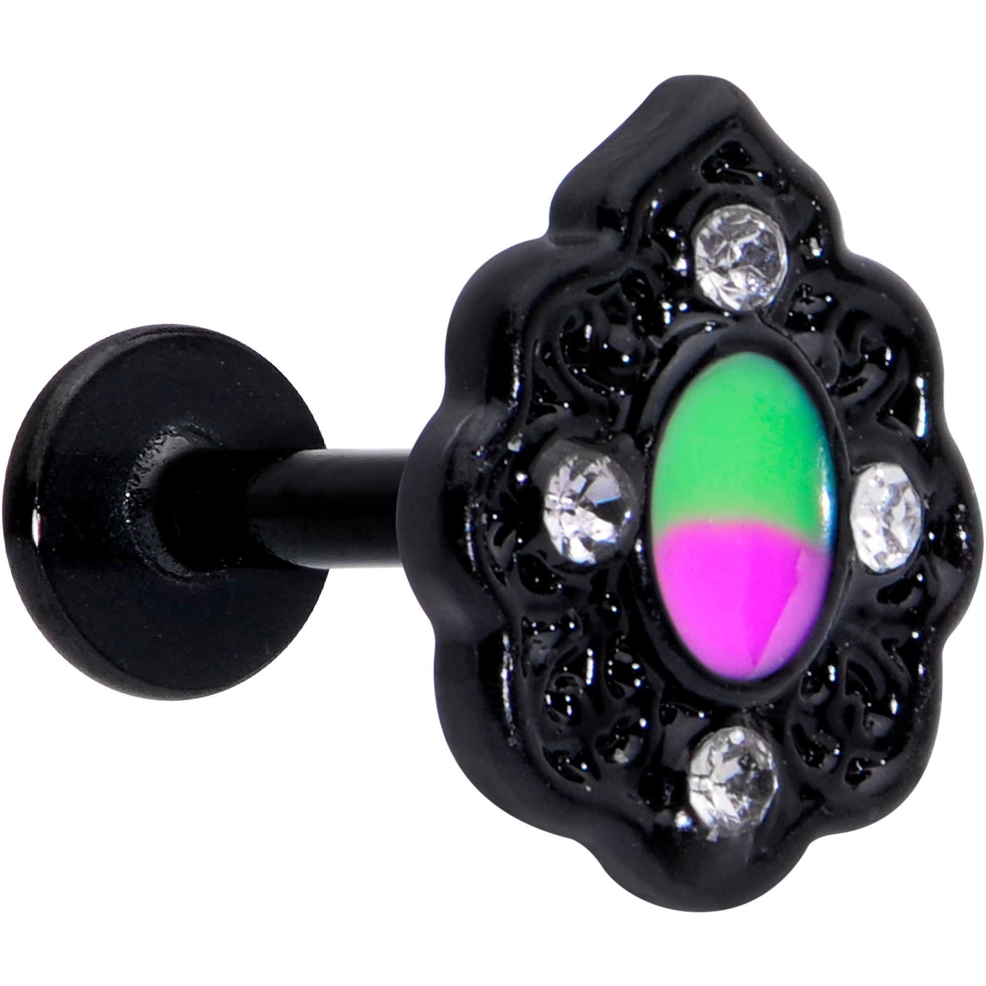 16 Gauge 1/4 CZ Faux Tourmaline Black Lacy Drop Labret