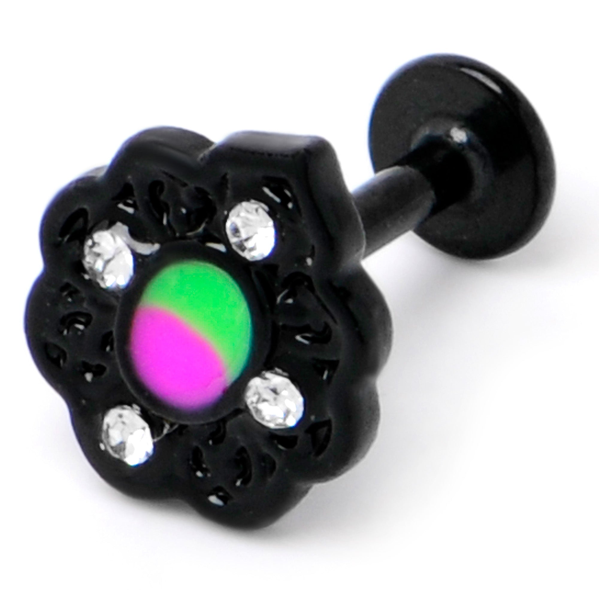 16 Gauge 1/4 CZ Faux Tourmaline Black Lacy Drop Labret