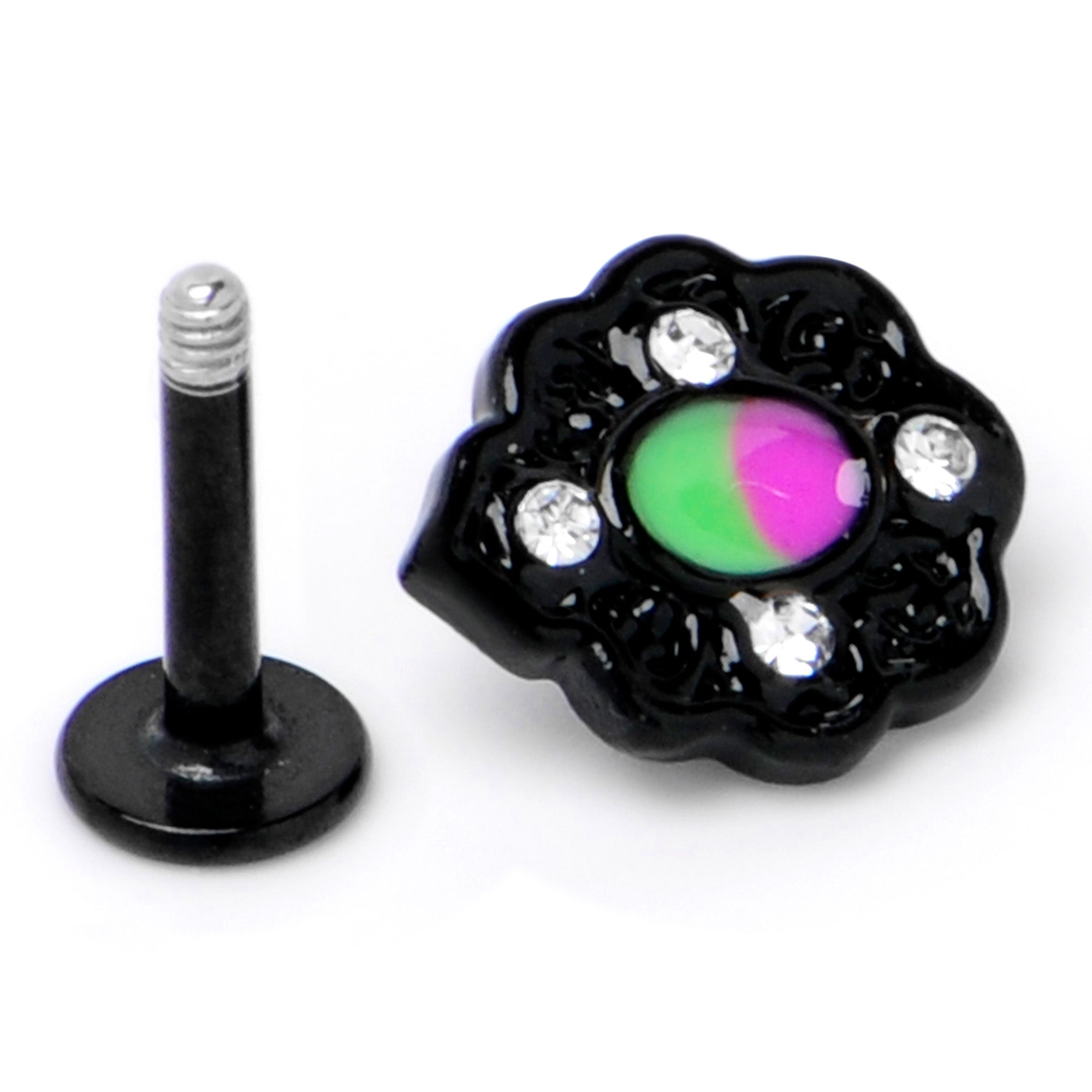 16 Gauge 1/4 CZ Faux Tourmaline Black Lacy Drop Labret