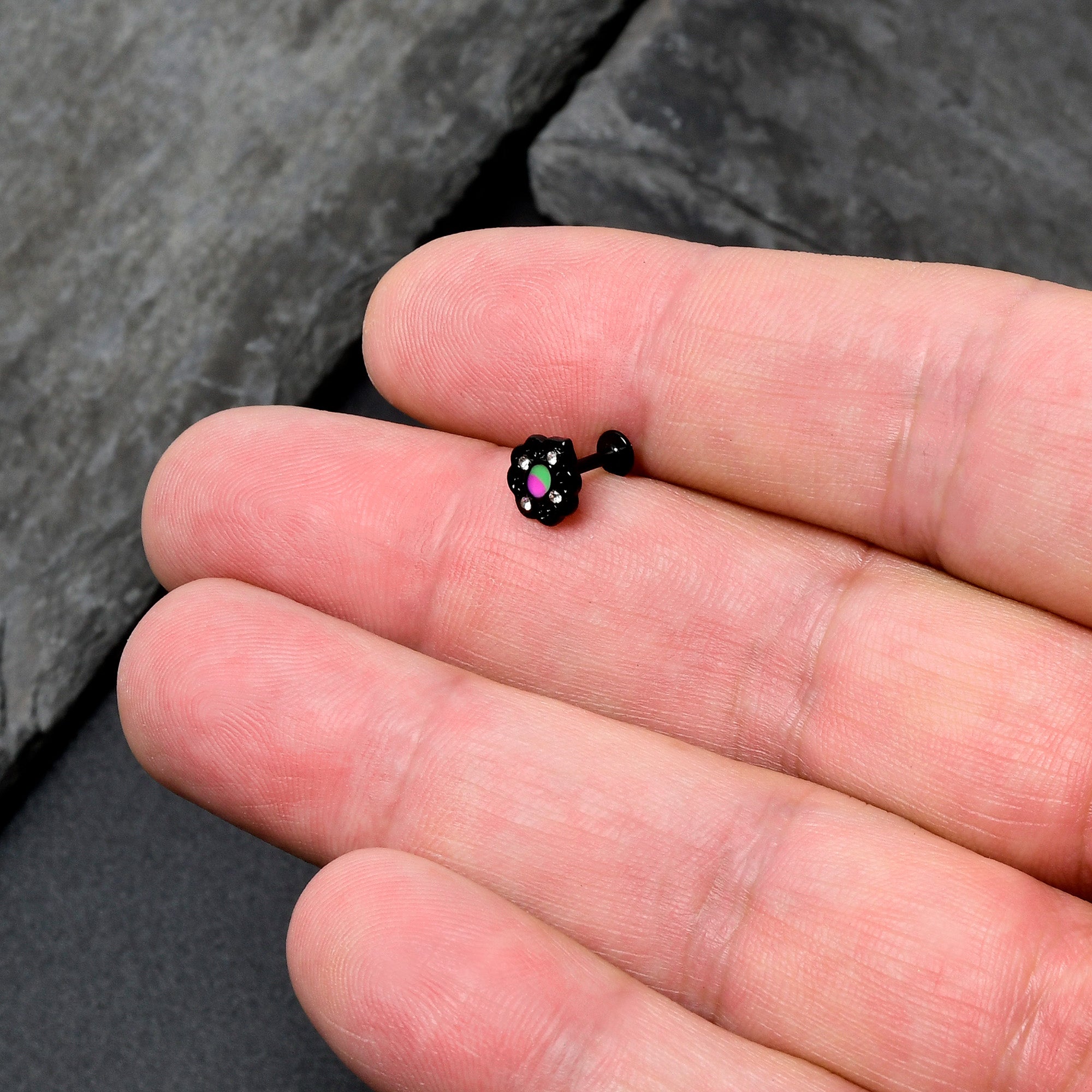 16 Gauge 1/4 CZ Faux Tourmaline Black Lacy Drop Labret