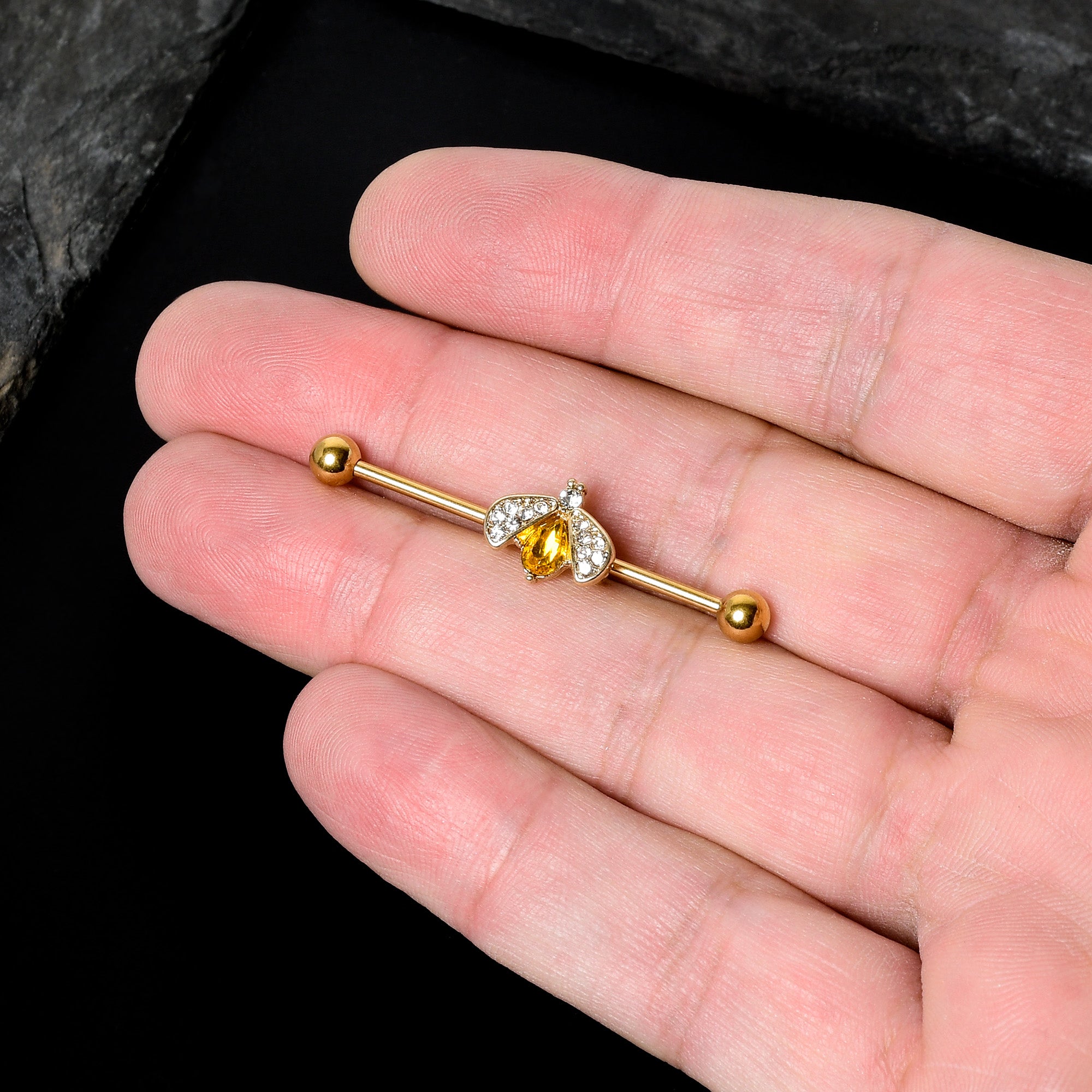 14 Gauge Clear Yellow Gem Gold Tone Style Bug Industrial Barbell 38mm