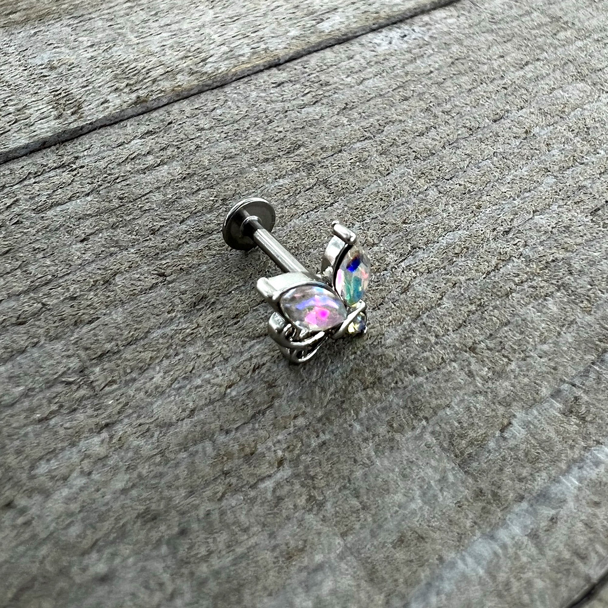 16 Gauge 5/16 Aurora CZ Gem Fleur de Lis Butterfly Labret Monroe Tragus