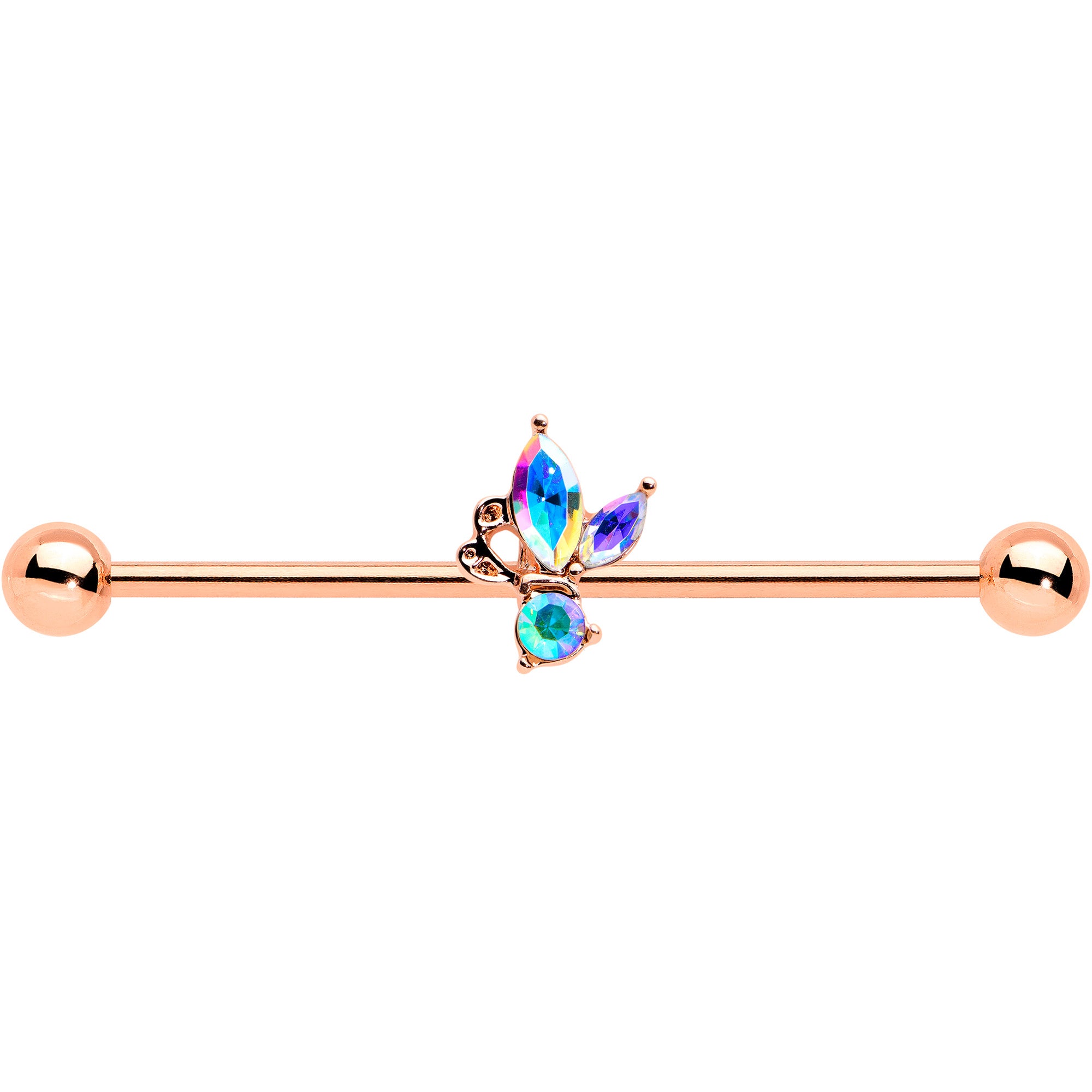 14 Gauge Aurora CZ Gem Rosy Tone Fleur de Lis Butterfly Industrial Barbell 38mm