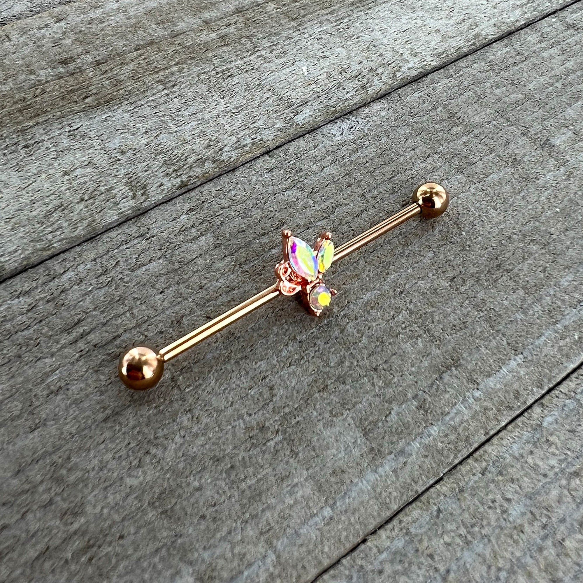 14 Gauge Aurora CZ Gem Rosy Tone Fleur de Lis Butterfly Industrial Barbell 38mm