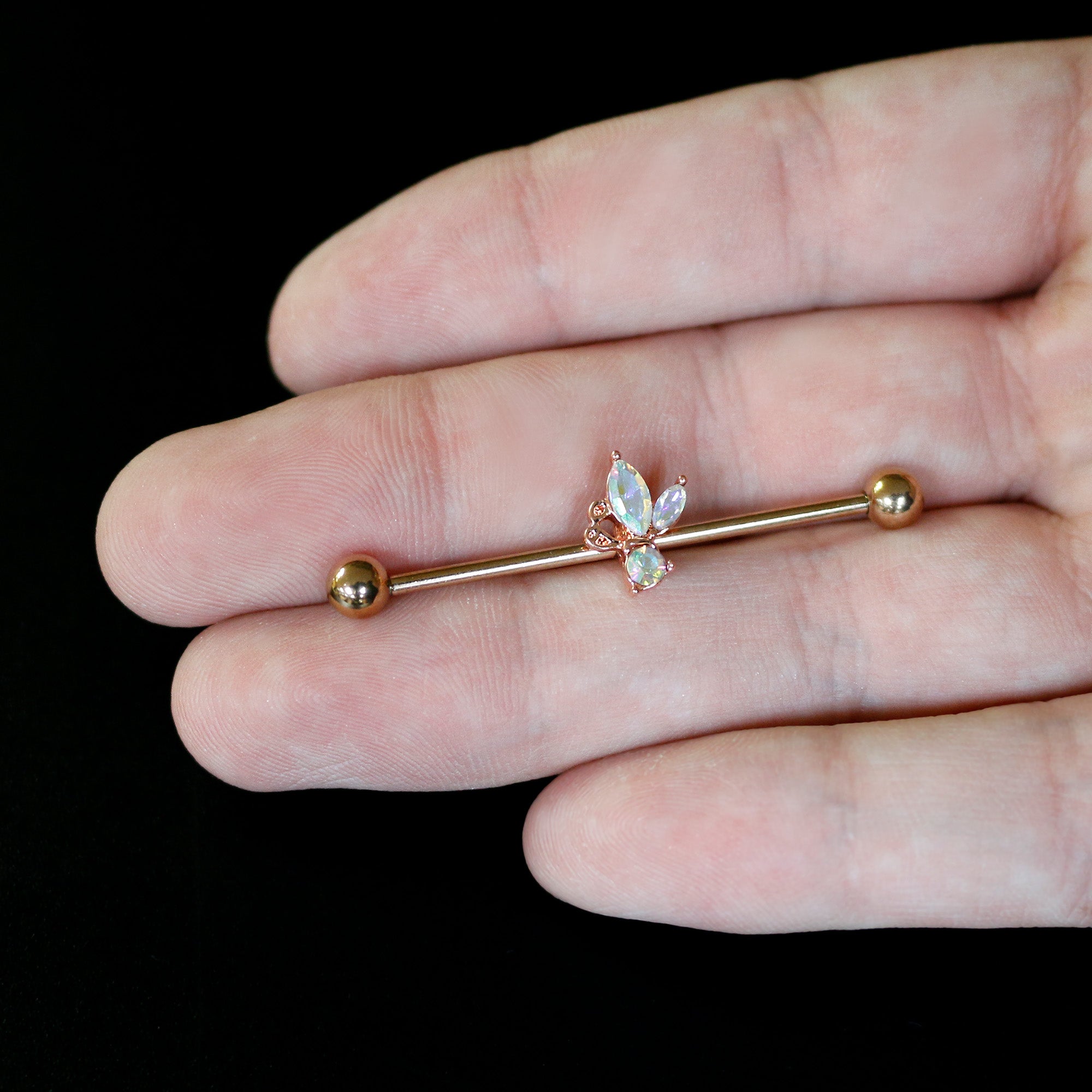 14 Gauge Aurora CZ Gem Rosy Tone Fleur de Lis Butterfly Industrial Barbell 38mm