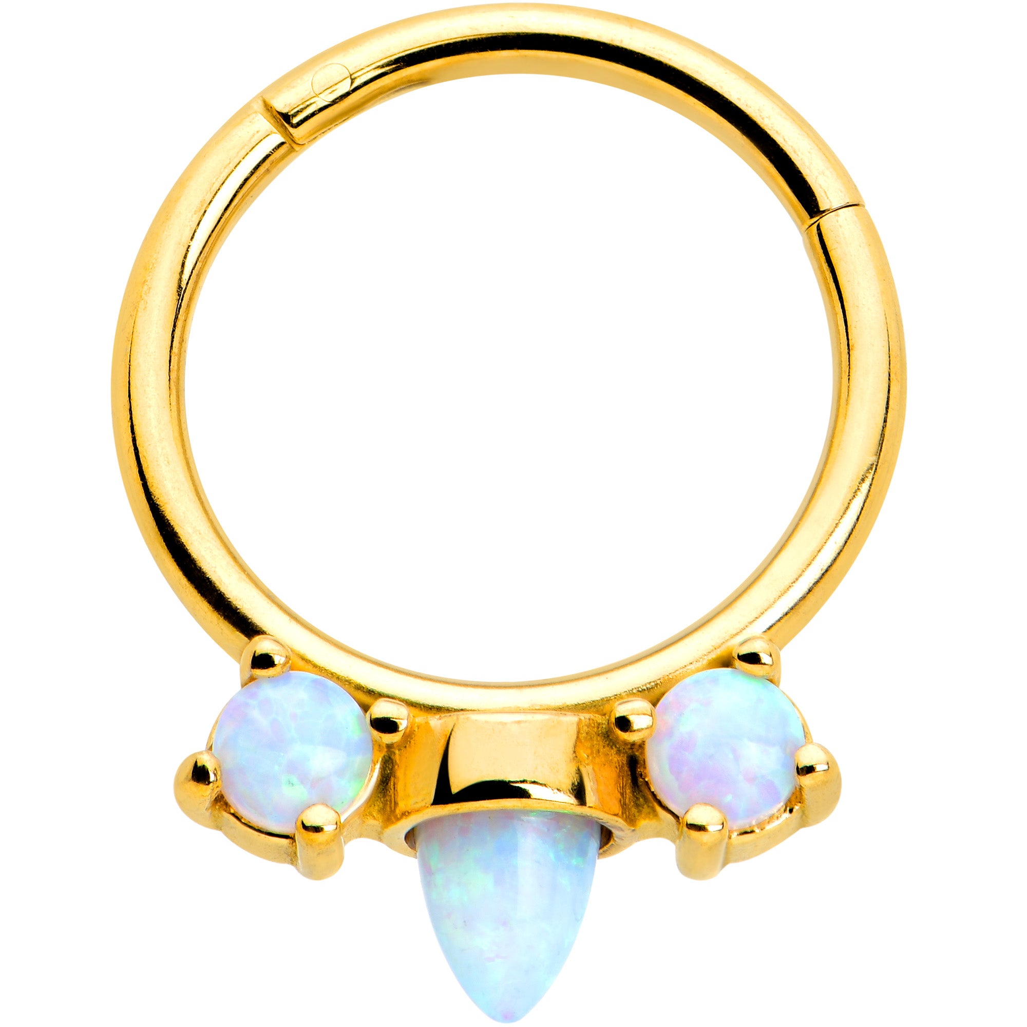 16 Gauge 3/8 White Synthetic Opal Gold Tone Trio Point Hinged Segment Ring