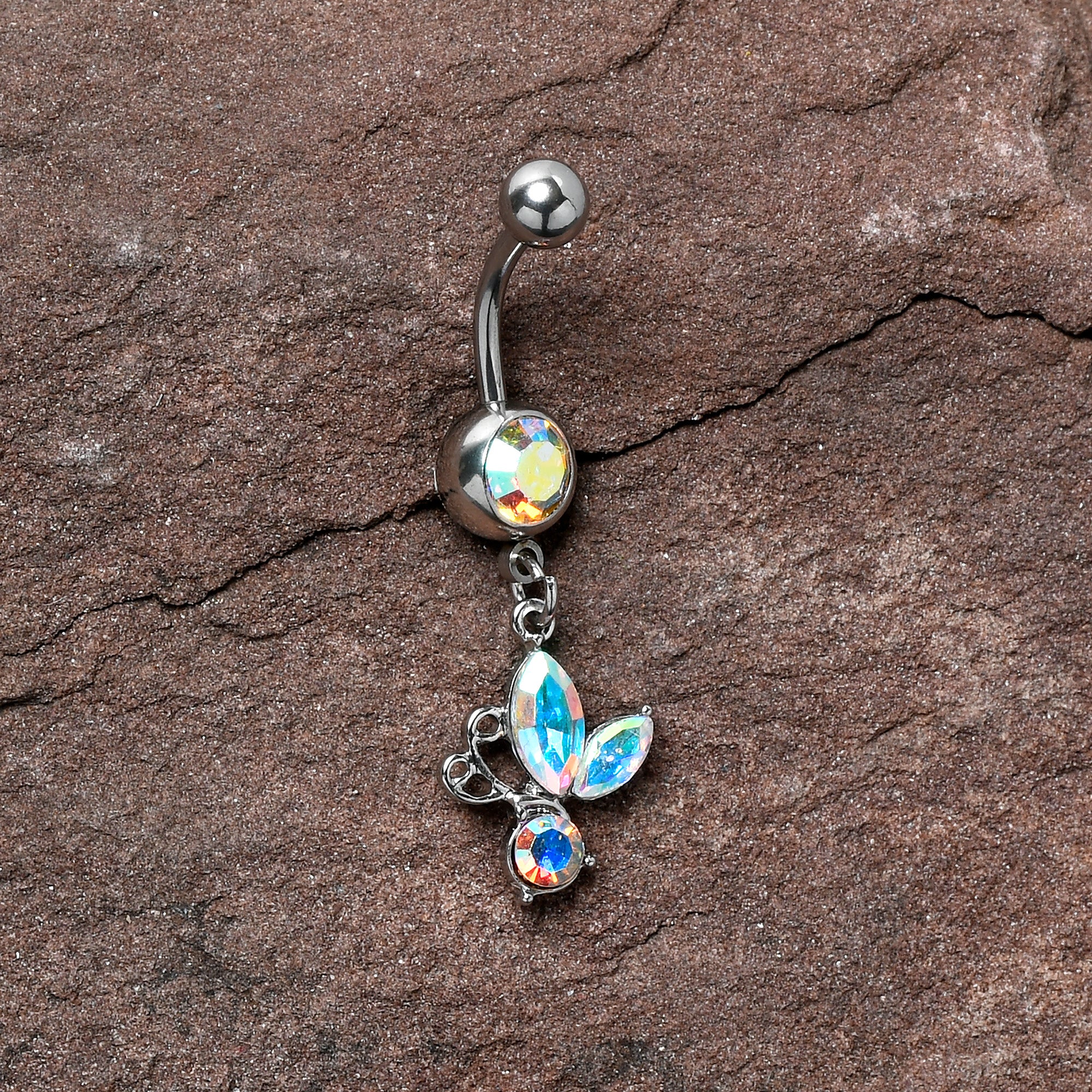 Aurora Gem Fleur de Lis Butterfly Dangle Belly Ring