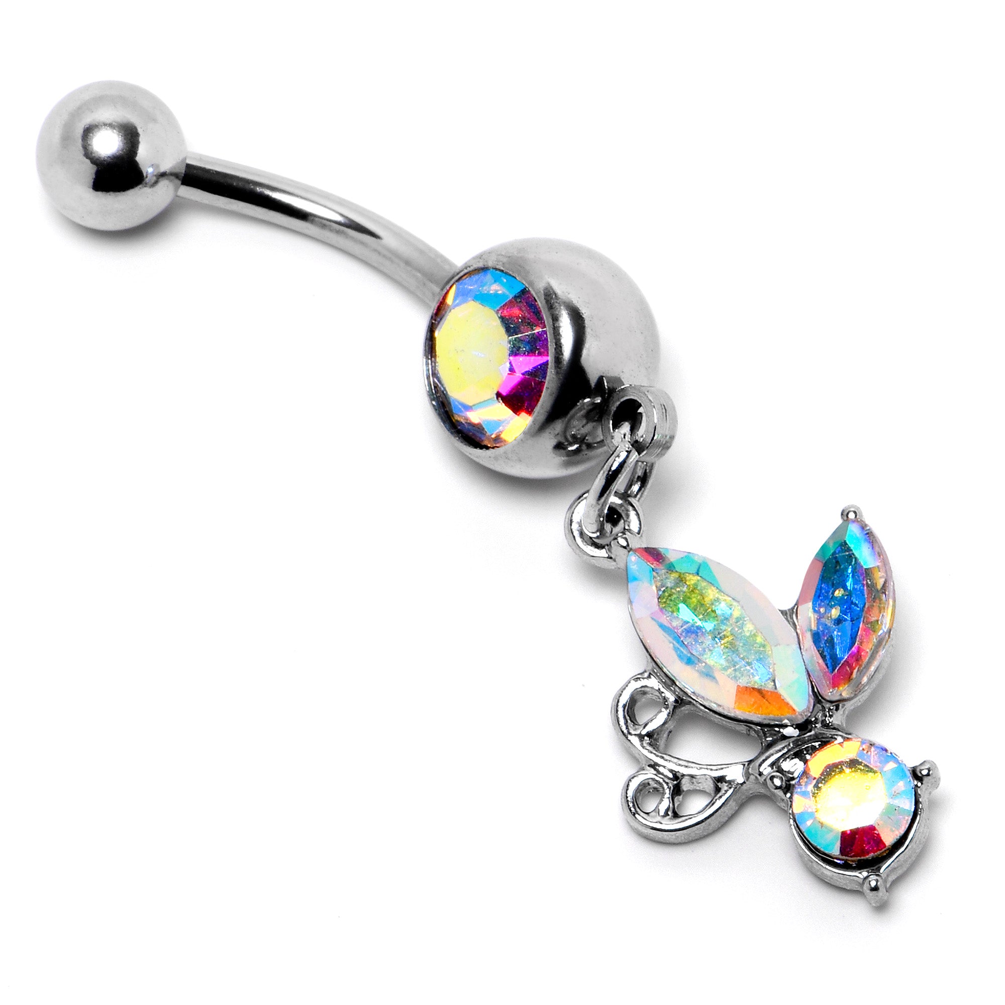 Aurora Gem Fleur de Lis Butterfly Dangle Belly Ring