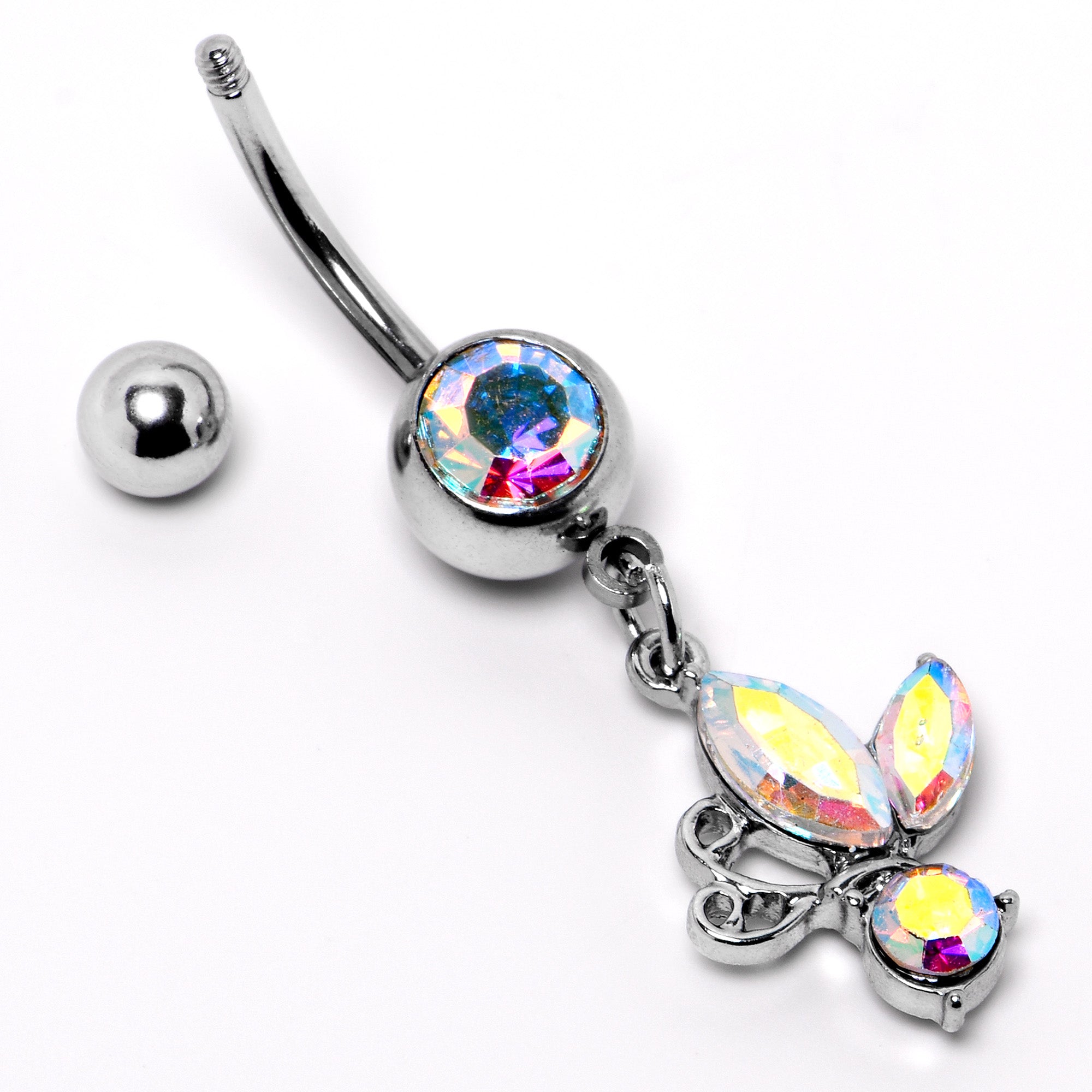 Aurora Gem Fleur de Lis Butterfly Dangle Belly Ring