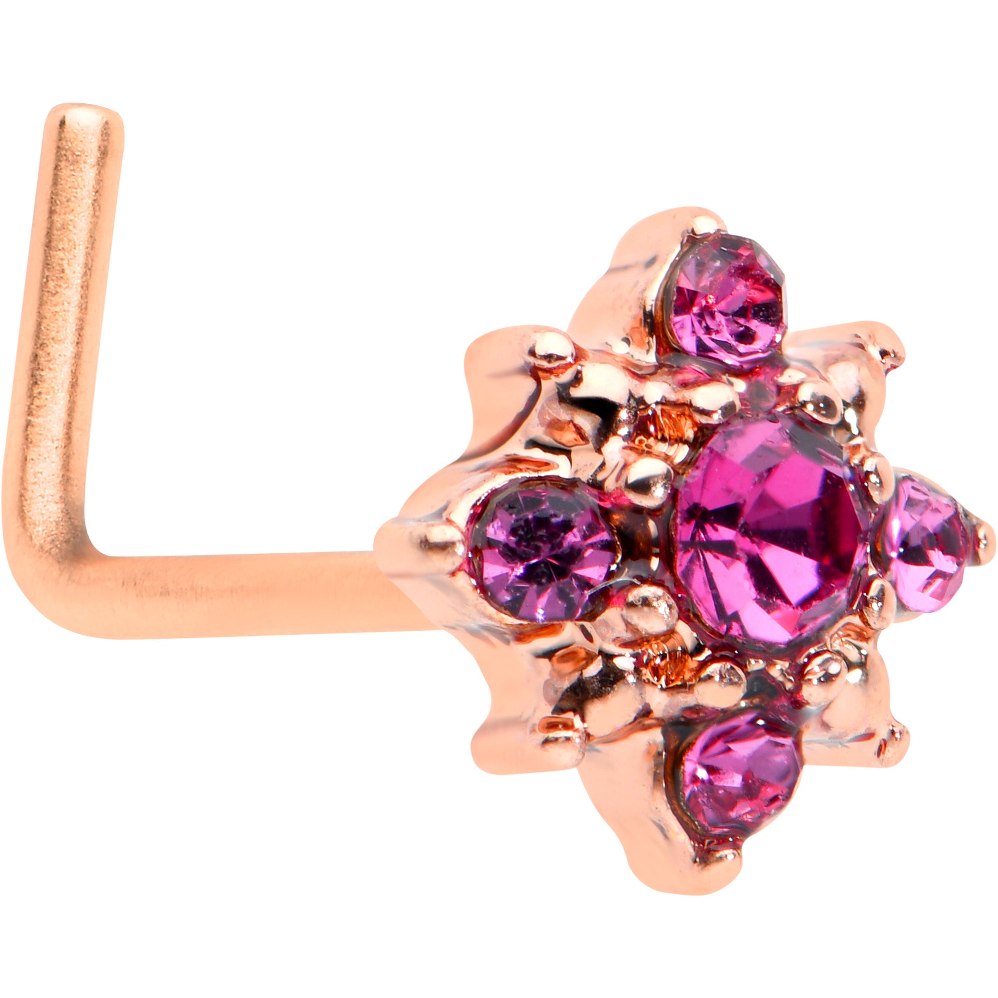 20 Gauge 7mm Pink Gem Rose Gold Tone Rococo Star L Shape Nose Ring