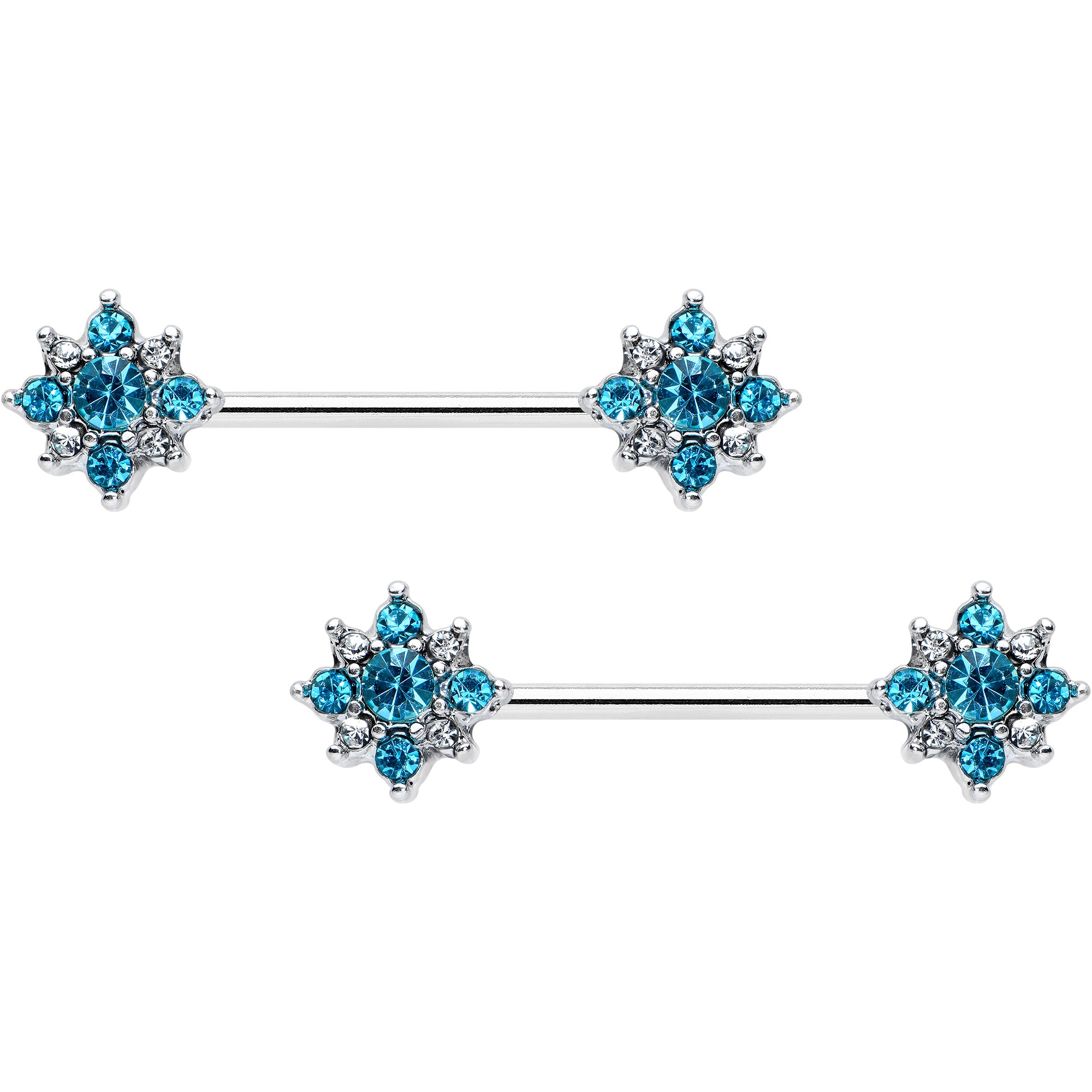 14 Gauge 9/16 Clear Blue Gem Opulent Flower Barbell Nipple Ring Set