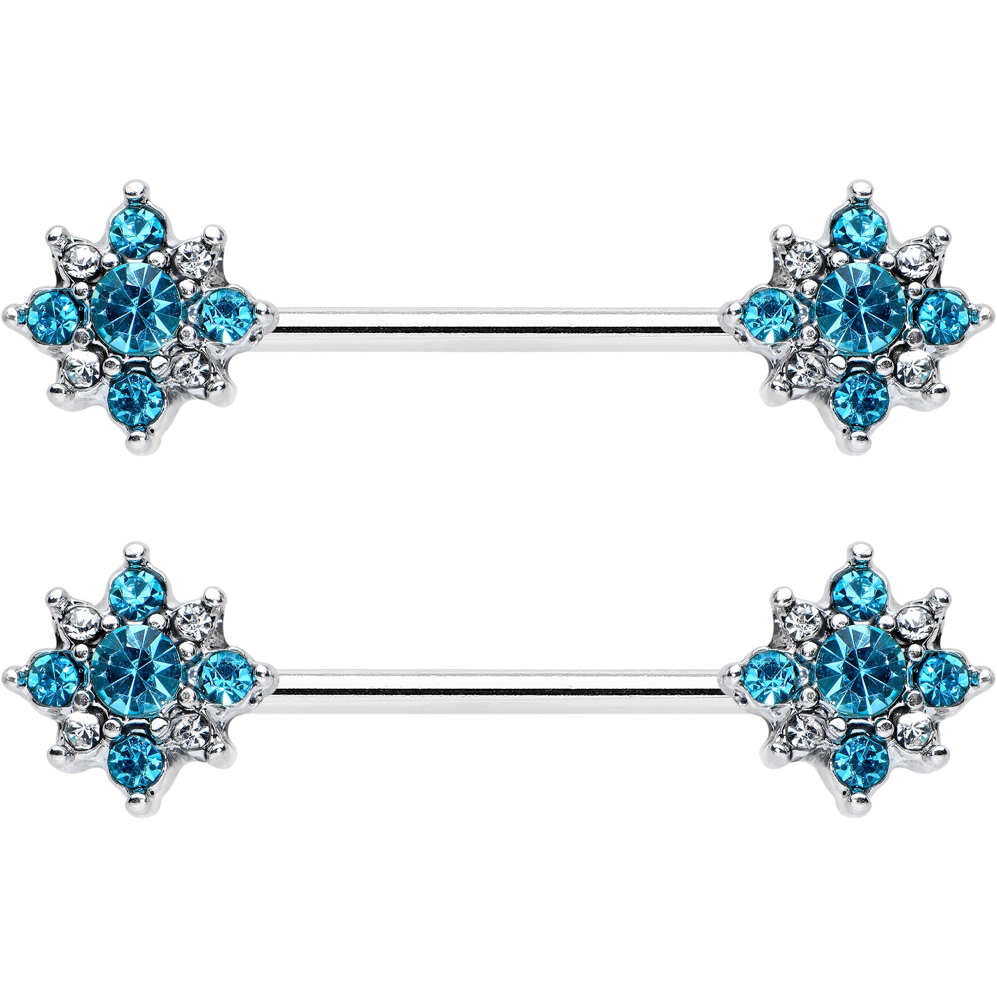 14 Gauge 9/16 Clear Blue Gem Opulent Flower Barbell Nipple Ring Set