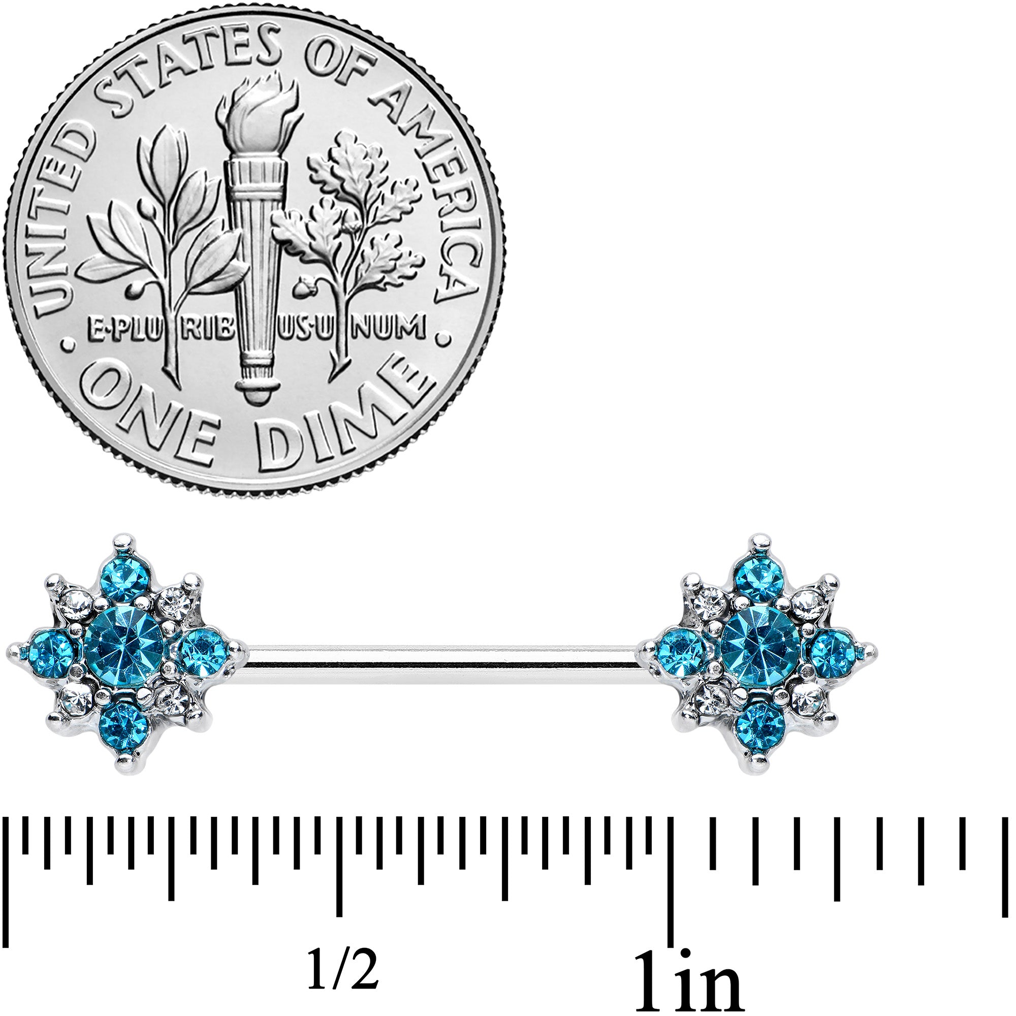 14 Gauge 9/16 Clear Blue Gem Opulent Flower Barbell Nipple Ring Set