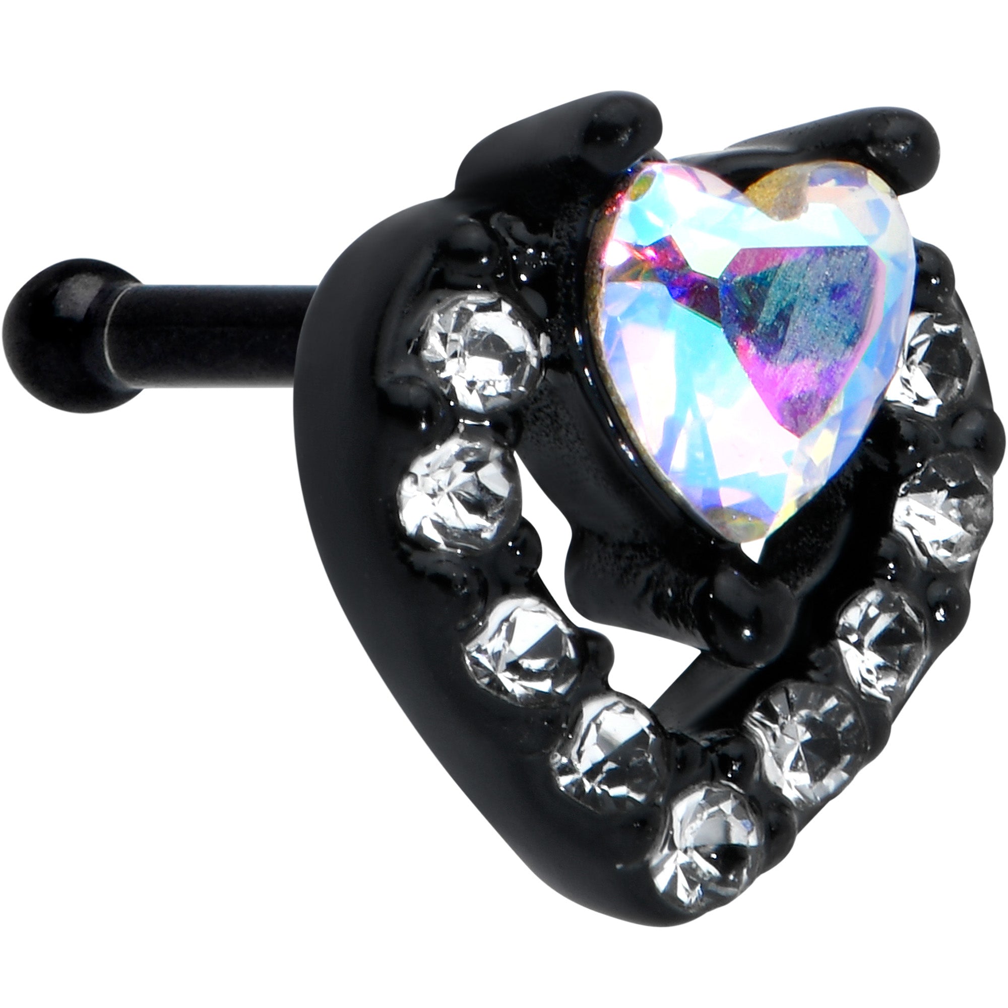 20 Gauge 1/4 Clear Aurora Gem Black Heart Valentines Nose Bone