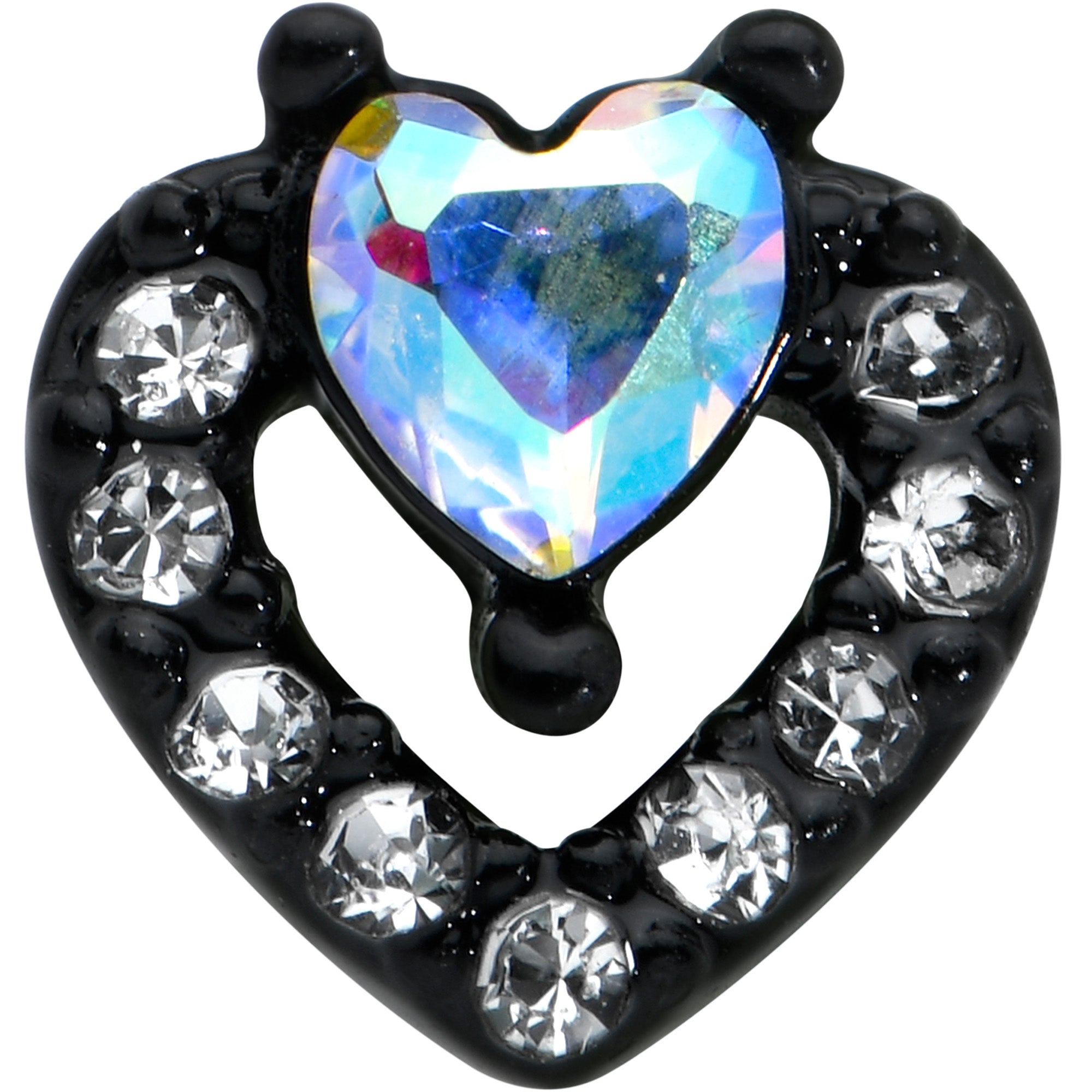 20 Gauge 1/4 Clear Aurora Gem Black Heart Valentines Nose Bone