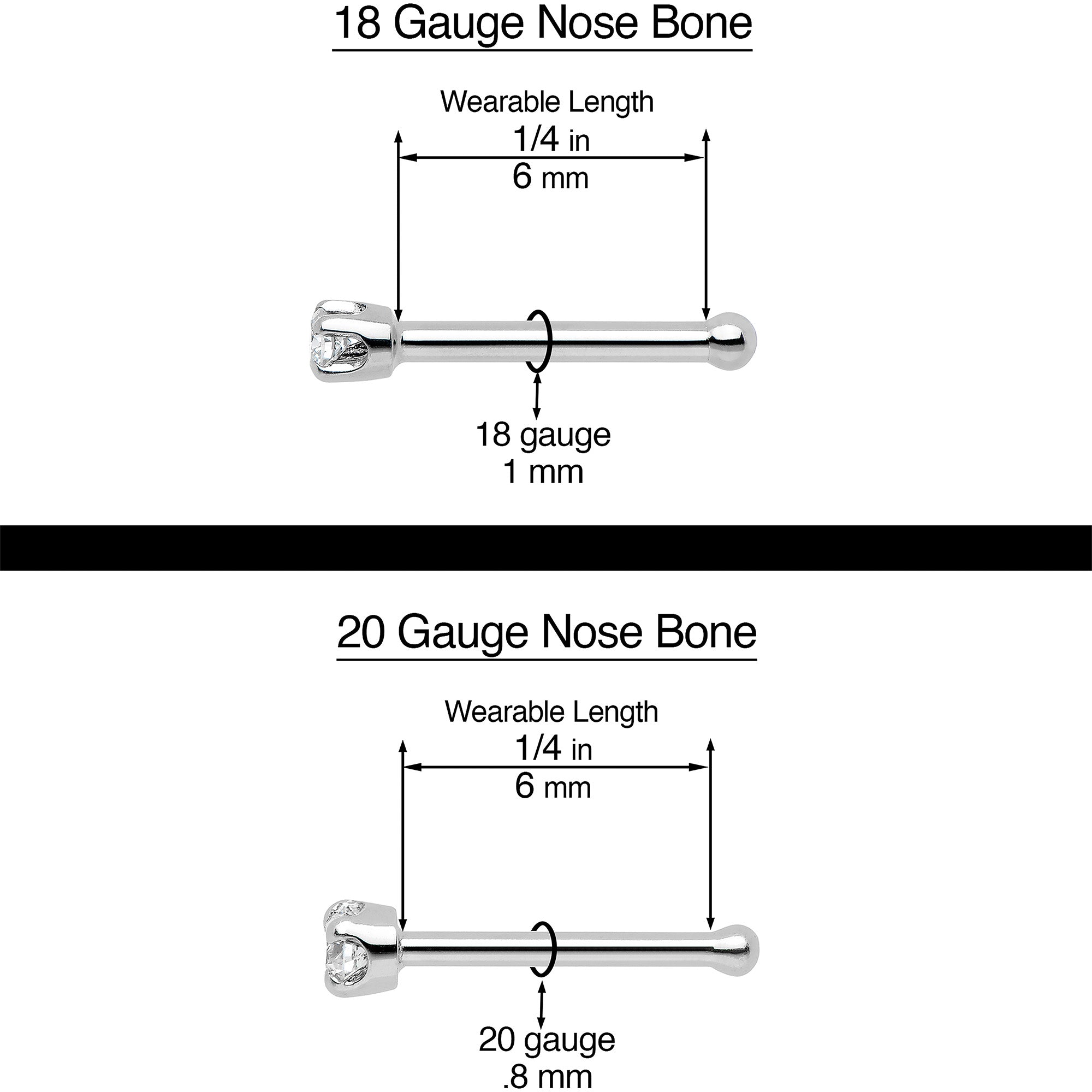 20 Gauge 1/4 Clear Aurora Gem Black Heart Valentines Nose Bone