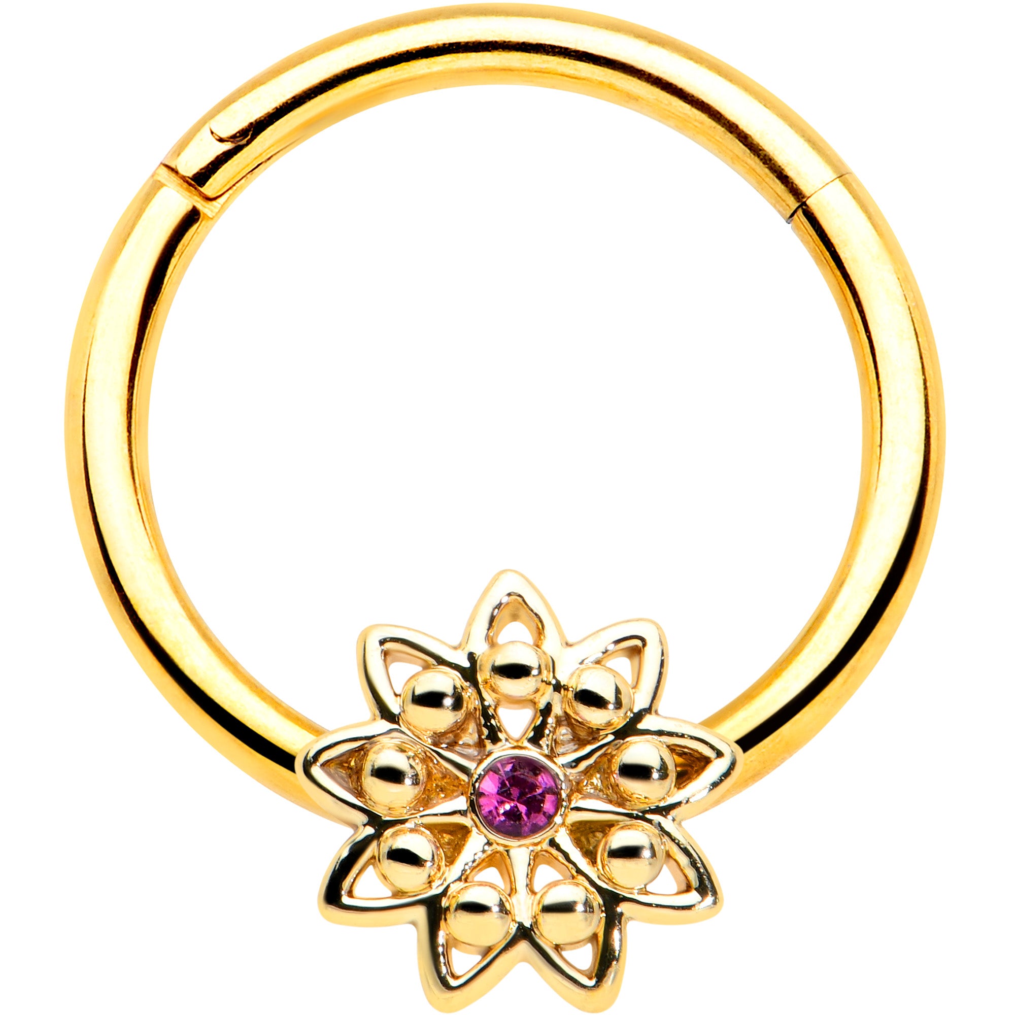 16 Gauge 3/8 Pink Gem Gold Tone Starry Flower Hinged Segment Ring