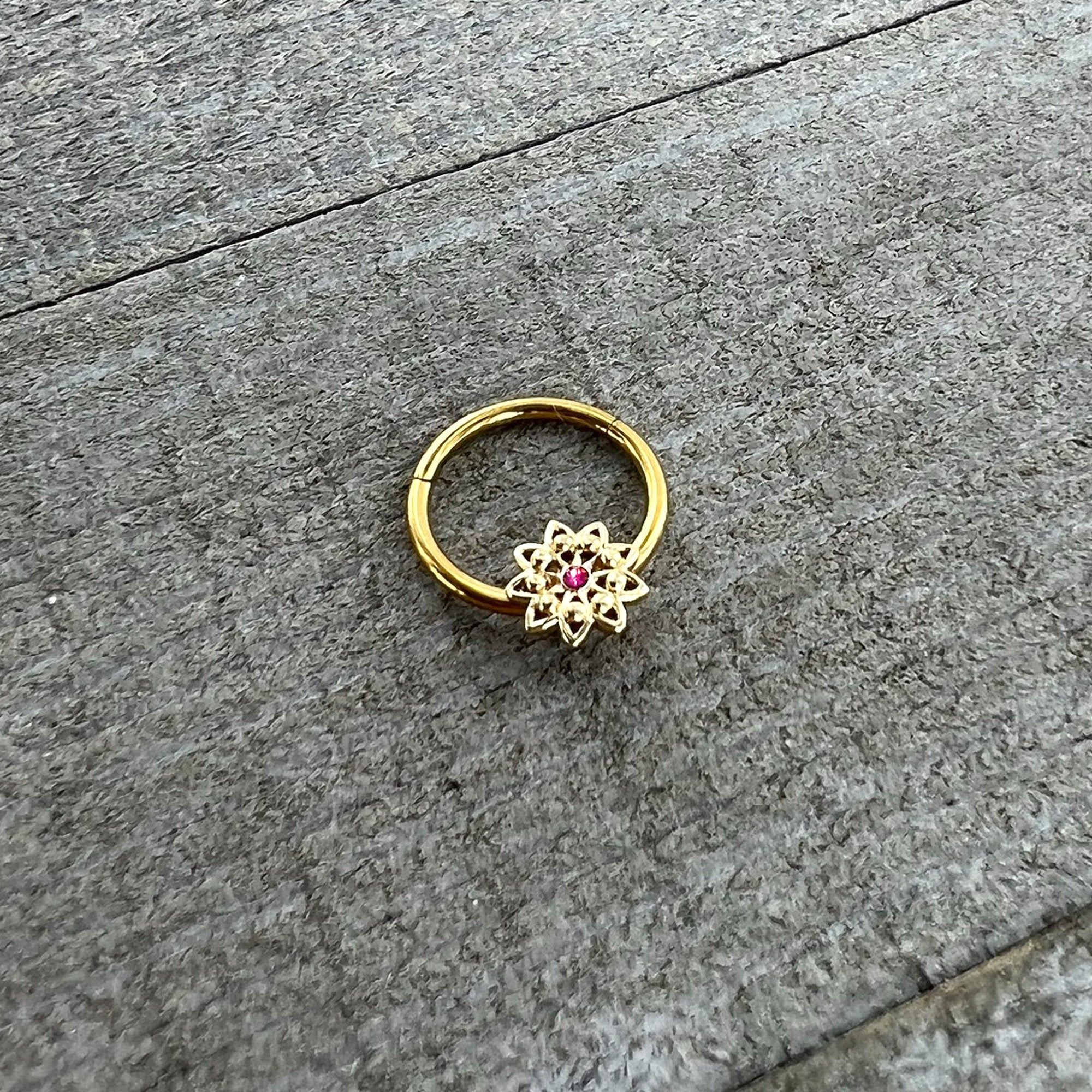 16 Gauge 3/8 Pink Gem Gold Tone Starry Flower Hinged Segment Ring