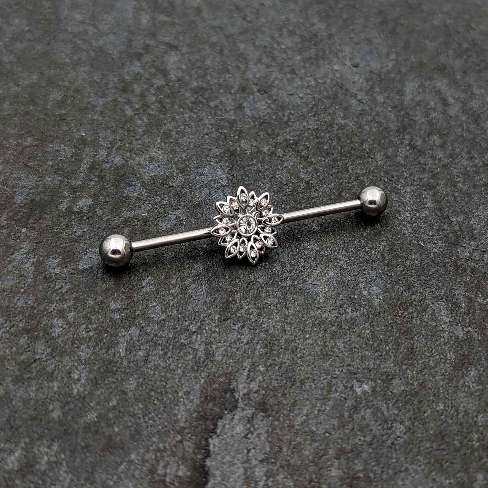 14 Gauge Clear Gem Starry Flower Industrial Barbell 38mm