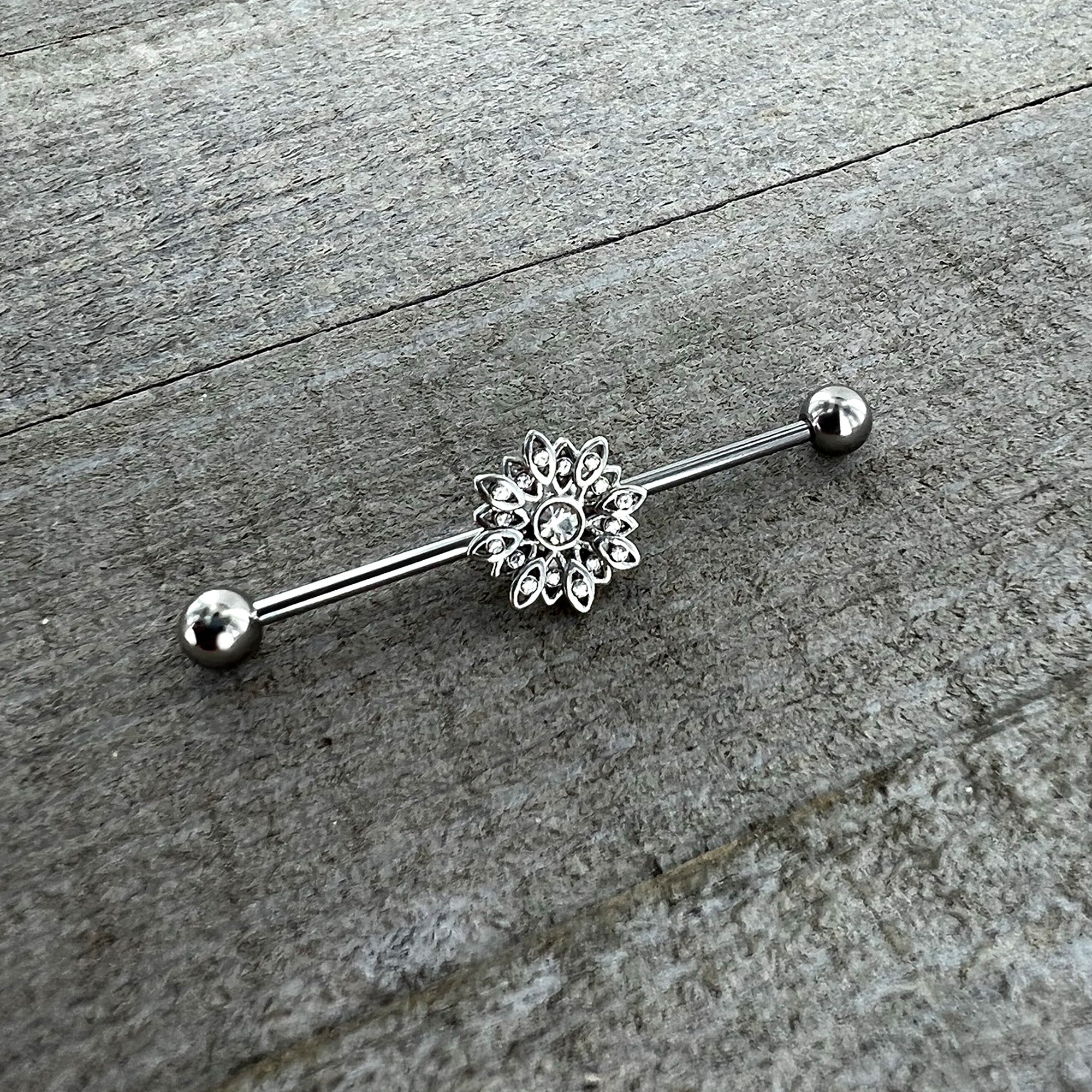 14 Gauge Clear Gem Starry Flower Industrial Barbell 38mm