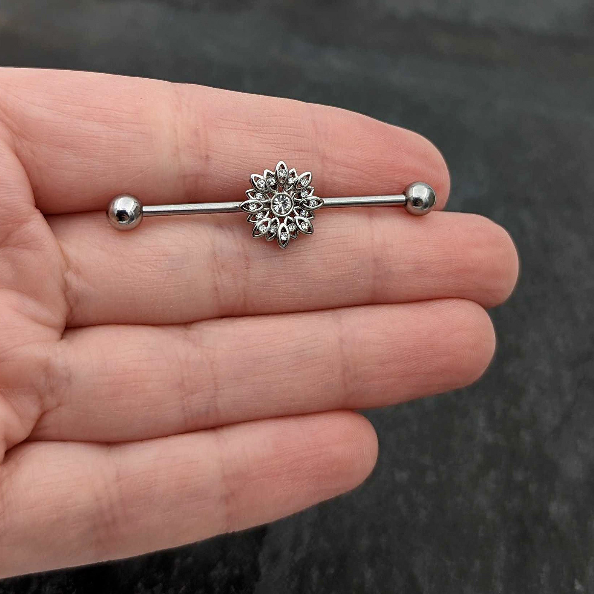 14 Gauge Clear Gem Starry Flower Industrial Barbell 38mm