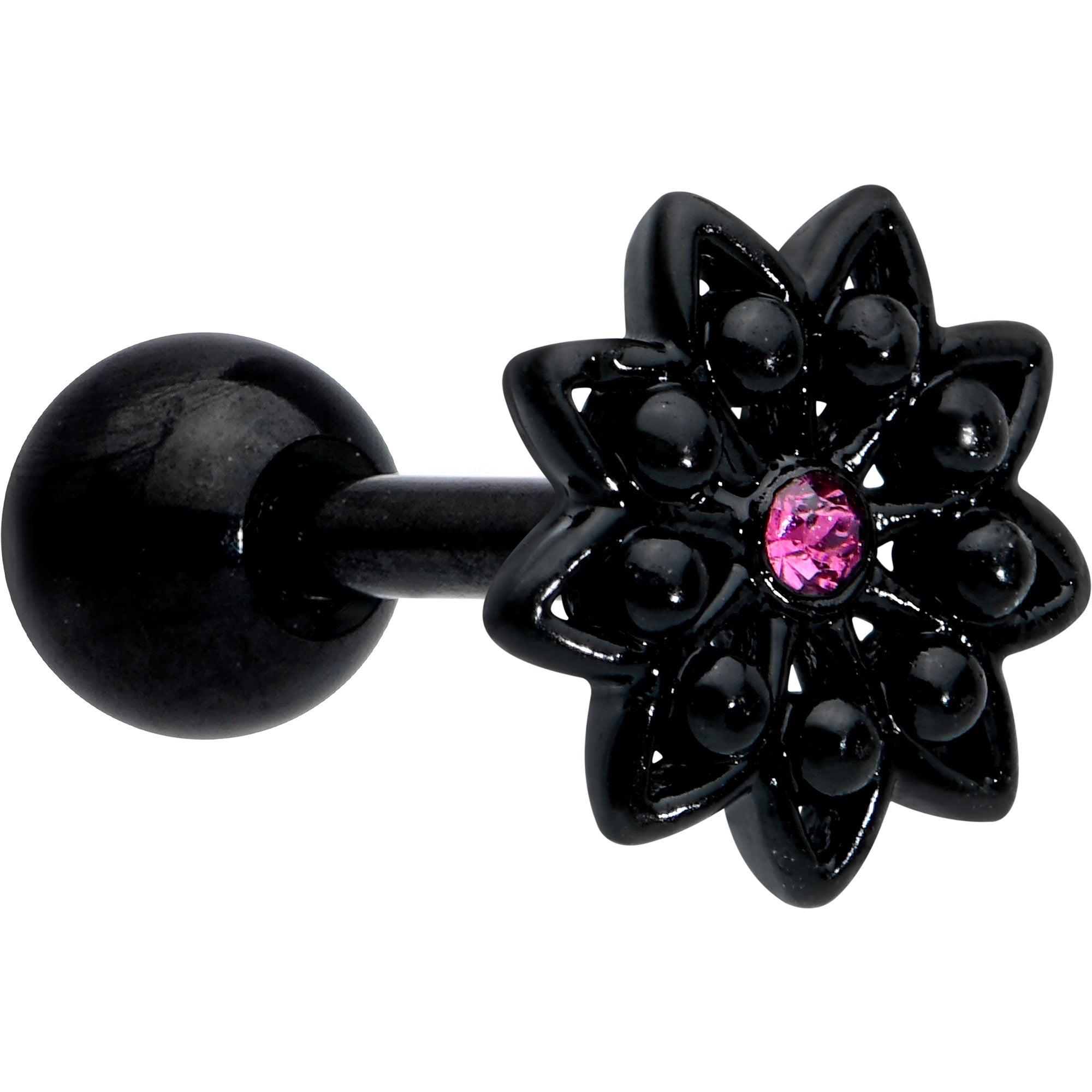 16 Gauge 1/4 Pink Gem Black Midnight Flower Cartilage Tragus Earring