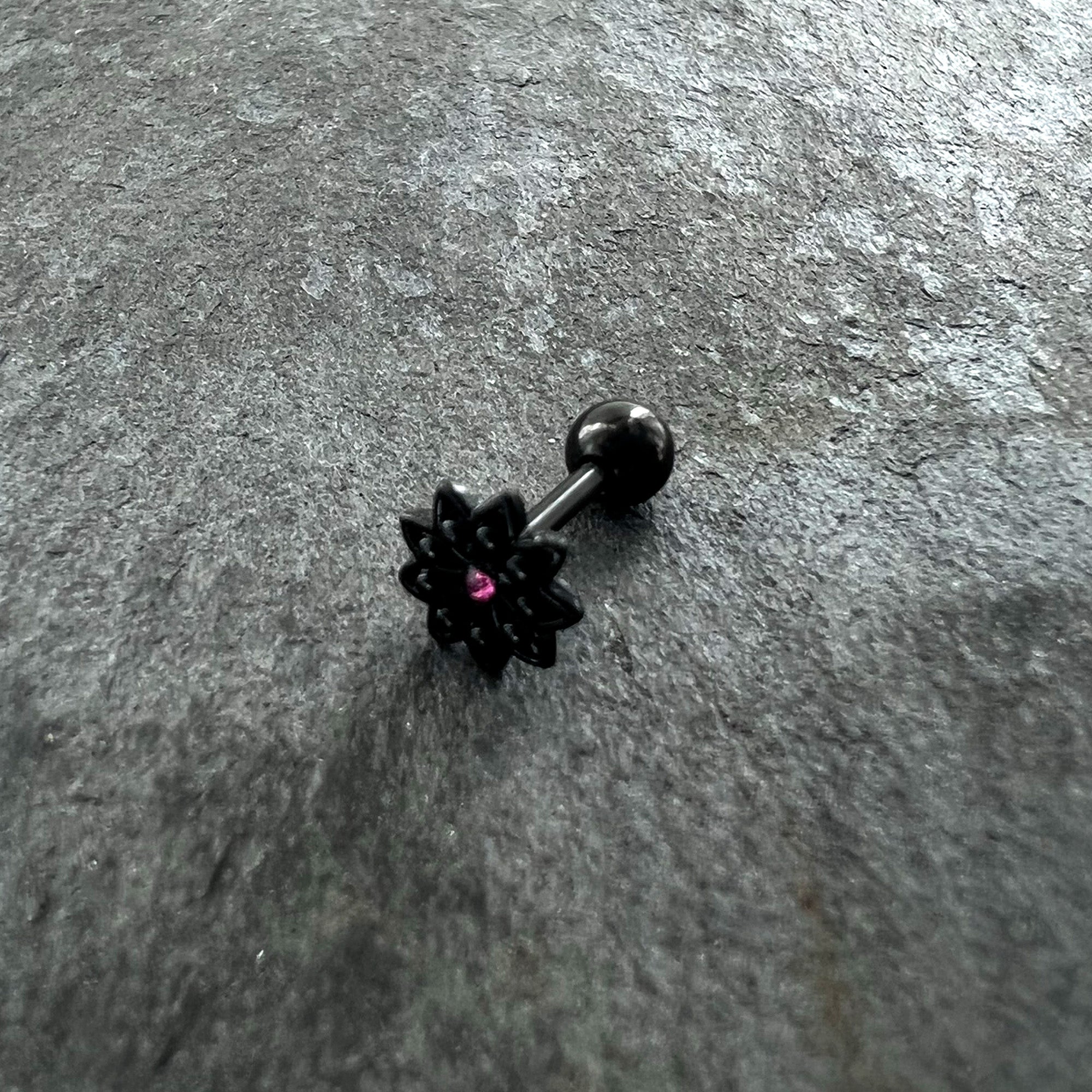 16 Gauge 1/4 Pink Gem Black Midnight Flower Cartilage Tragus Earring