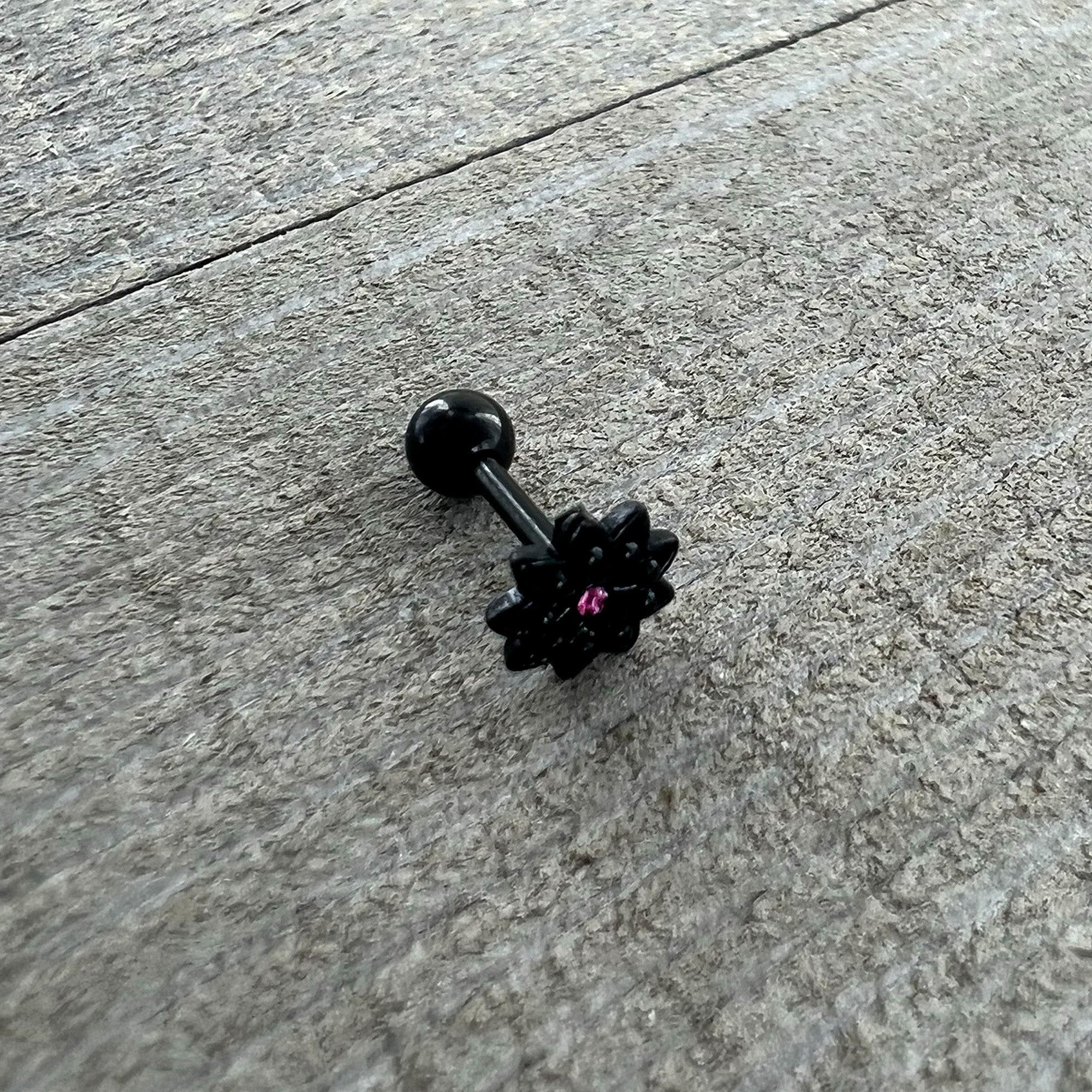 16 Gauge 1/4 Pink Gem Black Midnight Flower Cartilage Tragus Earring