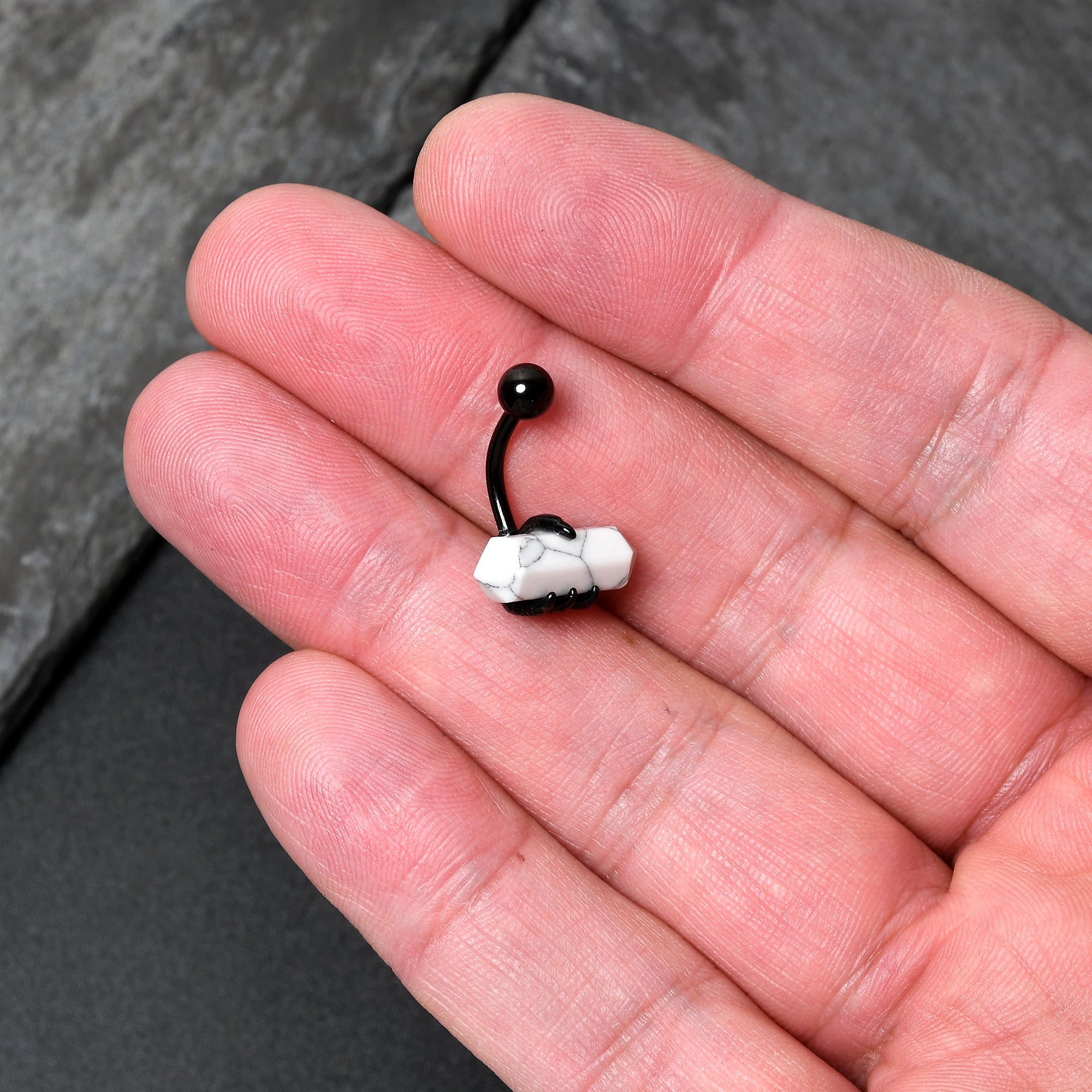 White Howlite Stone Black Claw Belly Ring