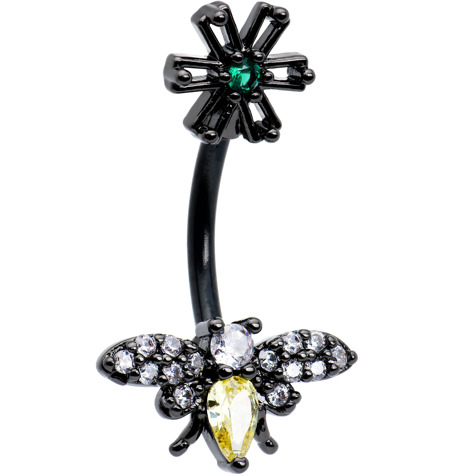 Yellow Clear Green Gem Black Butterfly Flower Double Mount Belly Ring