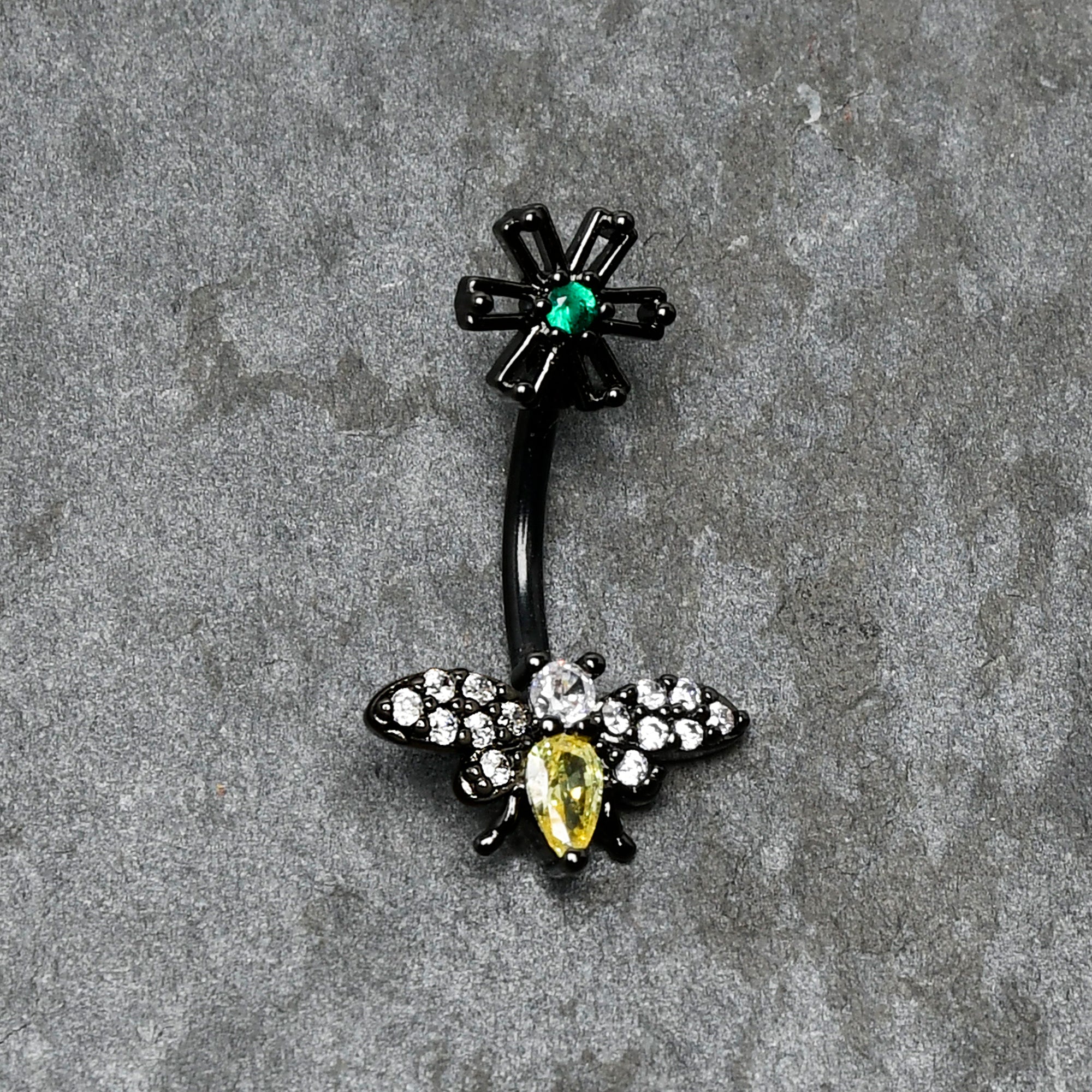 Yellow Clear Green Gem Black Butterfly Flower Double Mount Belly Ring