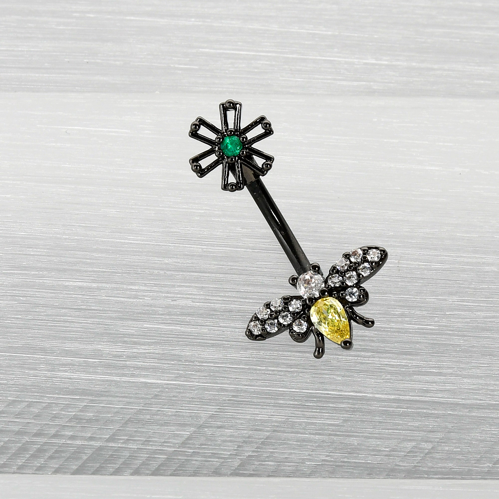 Yellow Clear Green Gem Black Butterfly Flower Double Mount Belly Ring