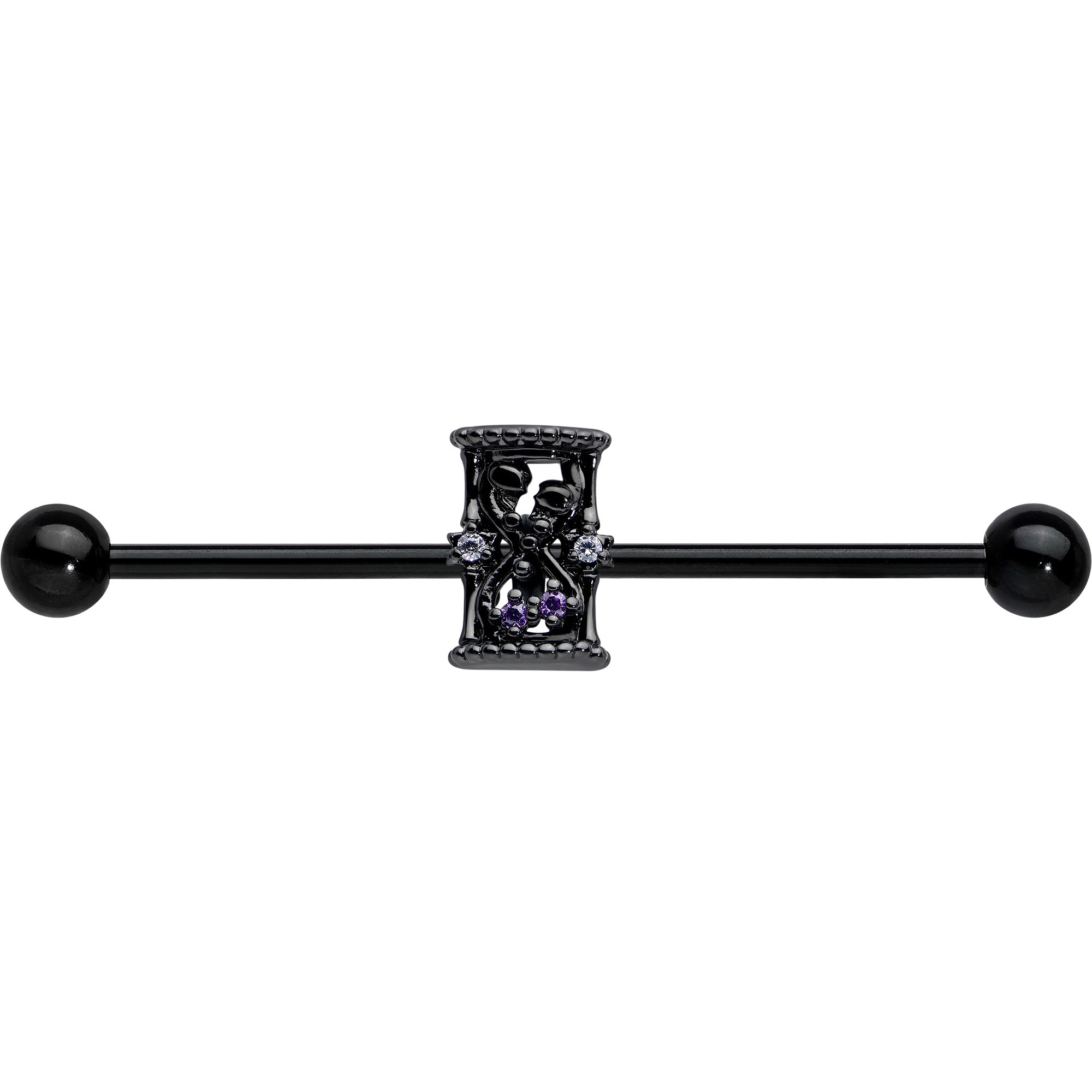 14 Gauge Purple Gem Black Gothic Hourglass Industrial Barbell 38mm