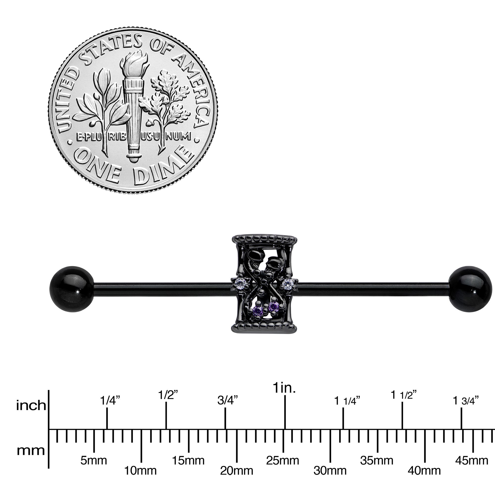 14 Gauge Purple Gem Black Gothic Hourglass Industrial Barbell 38mm