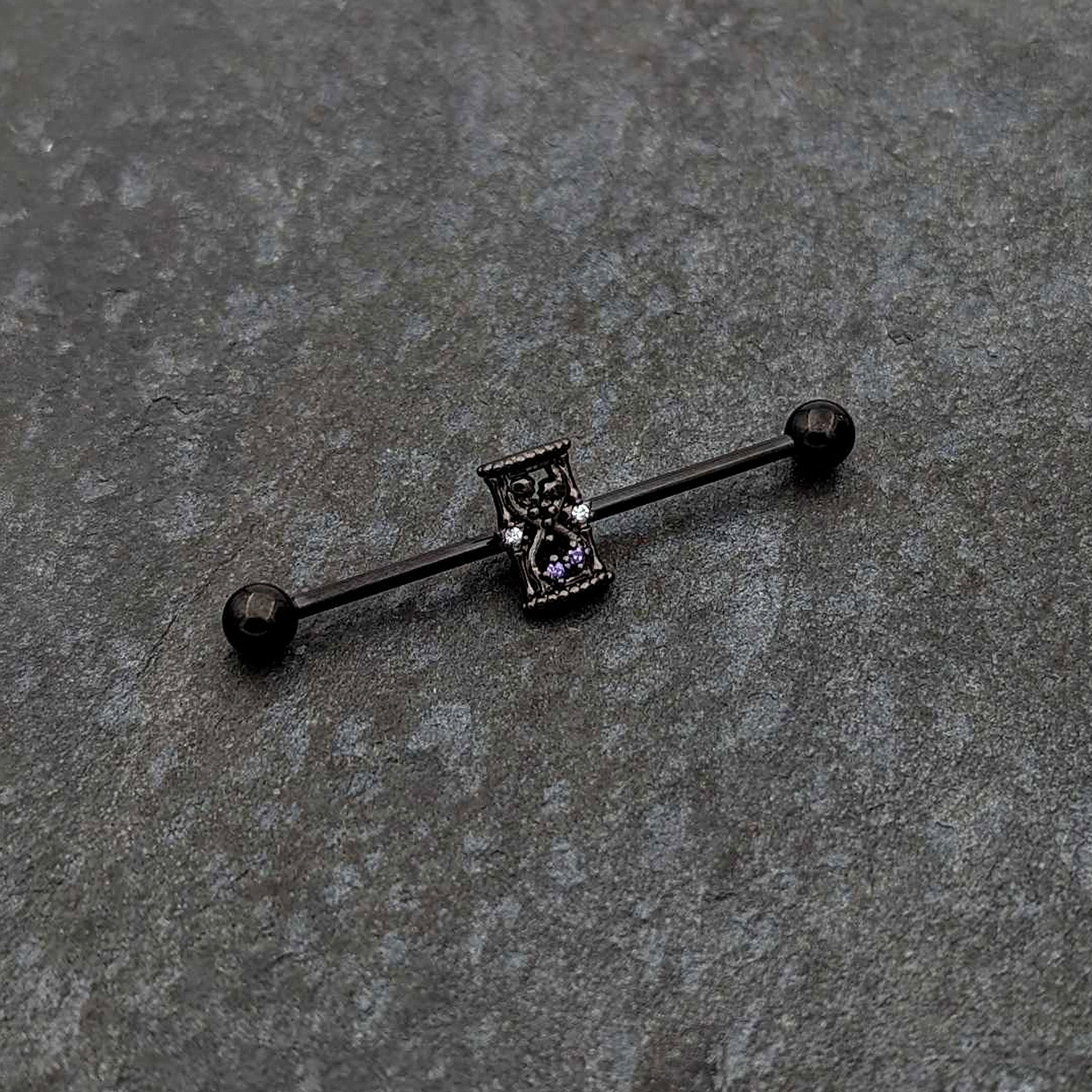 14 Gauge Purple Gem Black Gothic Hourglass Industrial Barbell 38mm